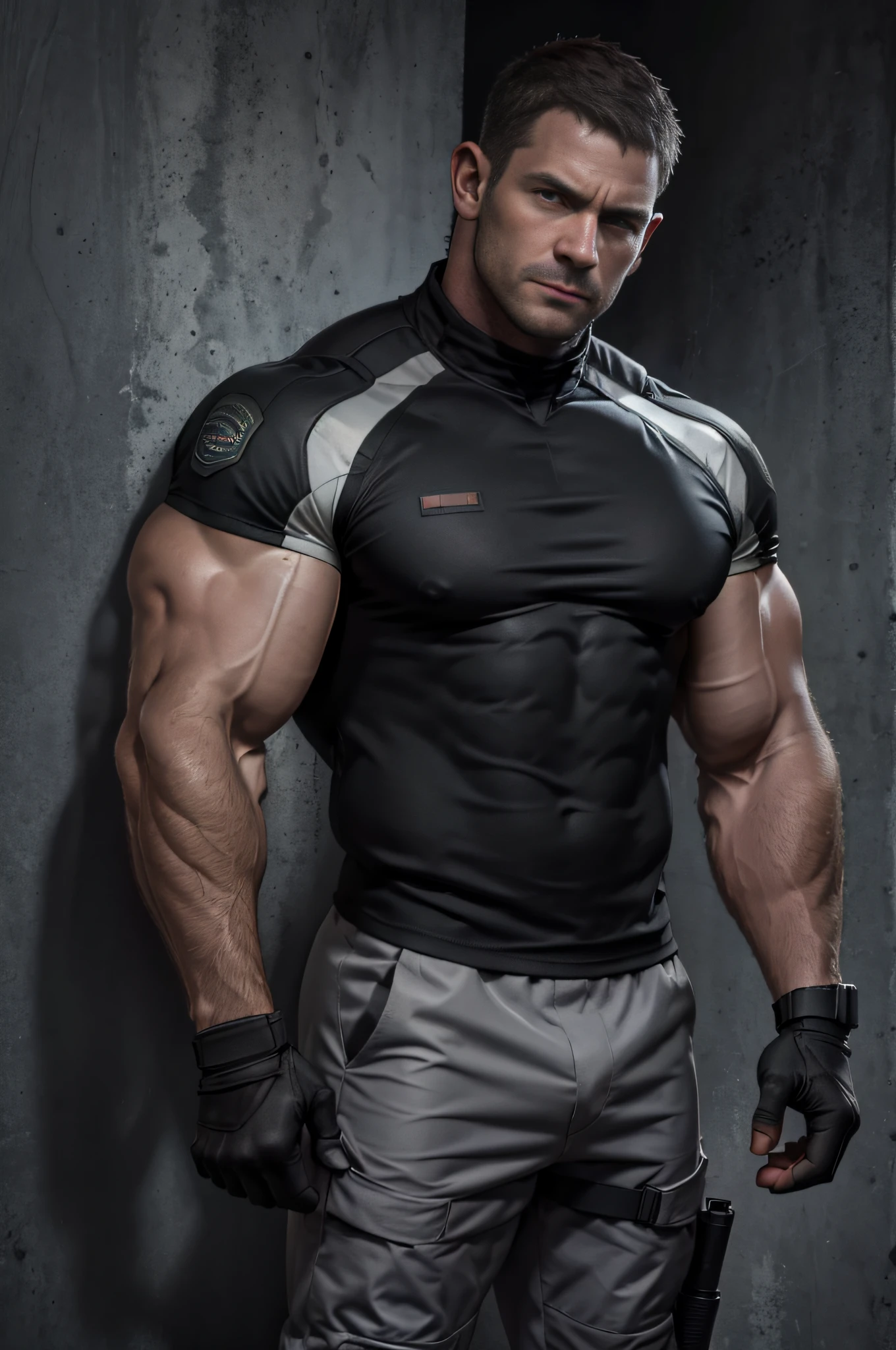 1 man, solo, 35 year old, Chris Redfield, wearing a grey T-shirt, seious face, looking at the camera, black color on the shoulder and a bsaa logo on the shoulder, military tactical suit, equipment, tall and hunk, biceps, abs, chest, best quality, masterpiece, high resolution:1.2, upper body shot, dark black gloomy hallway with not background