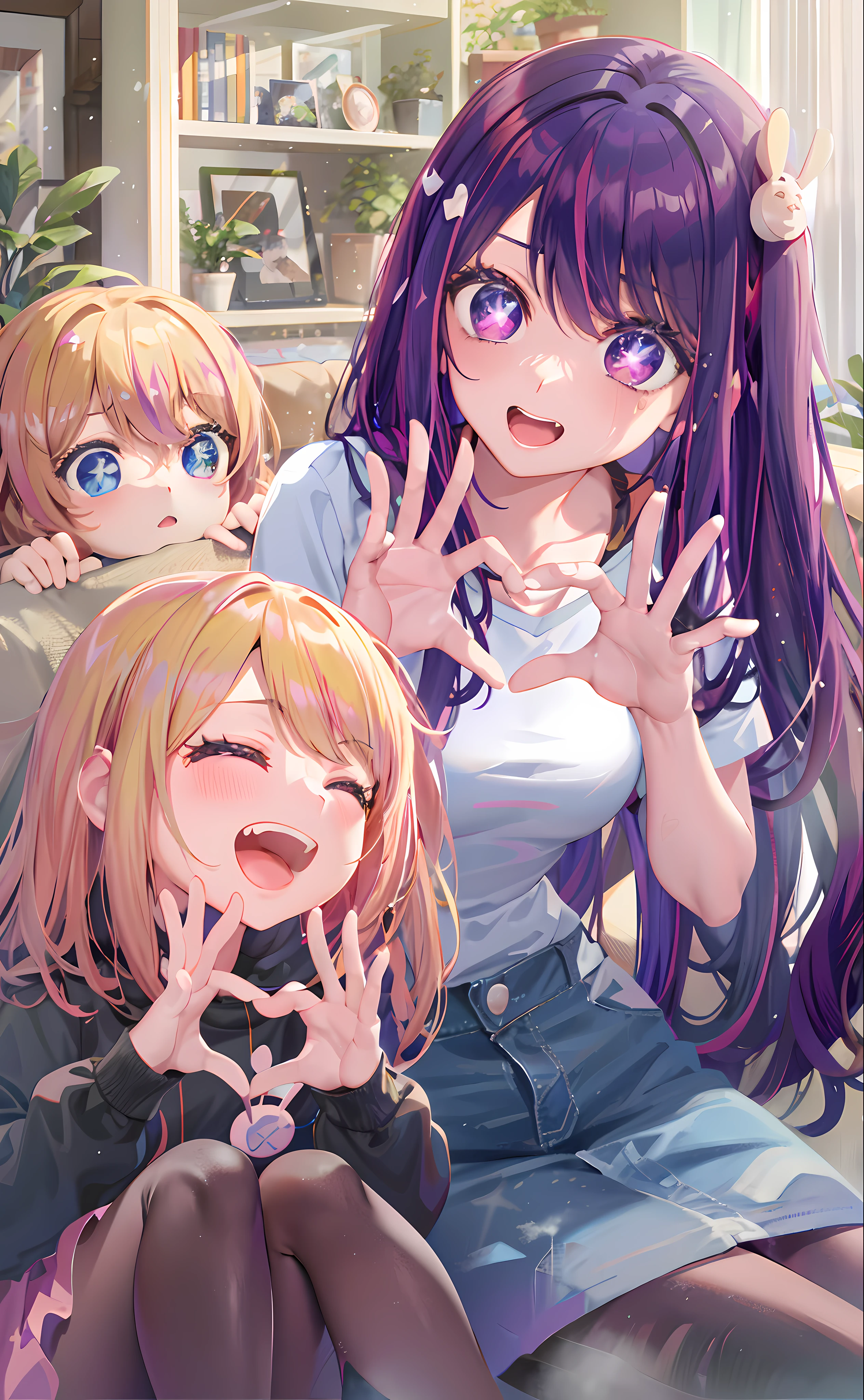 anime girl with purple hair and two other girls sitting on a couch, hololive, visual novels CG, Edgeie anime style, Kawaii realistic portrait, visual novel key visual, ; visual novel, eechi, Smooth anime CG art, DDLC, Edgee style, visual novel, Splash art anime Loli, Anime moe art style, anime! 4K