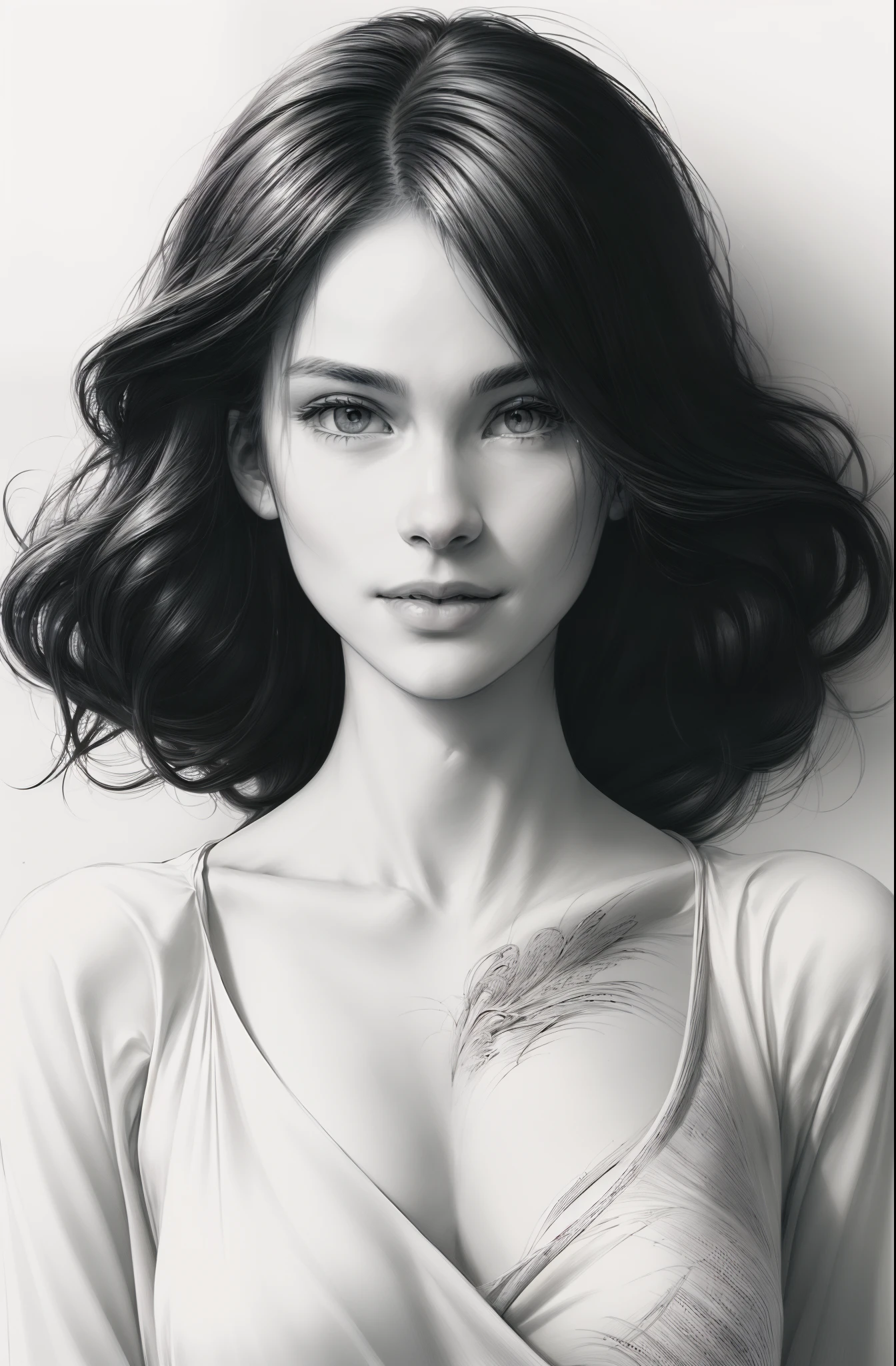 (Best quality,4K,A high resolution,Masterpiece:1.4), Black and white style, Beautiful women, long and flowing hair,Realistic face, Masterpiece, High details, Sketch 1 with a pencil.4, Ink Sketch 1.4, Beach background, High-detail lighting, Slight smile, Fair skin, Isolated in a spacious space, Wide white margins
