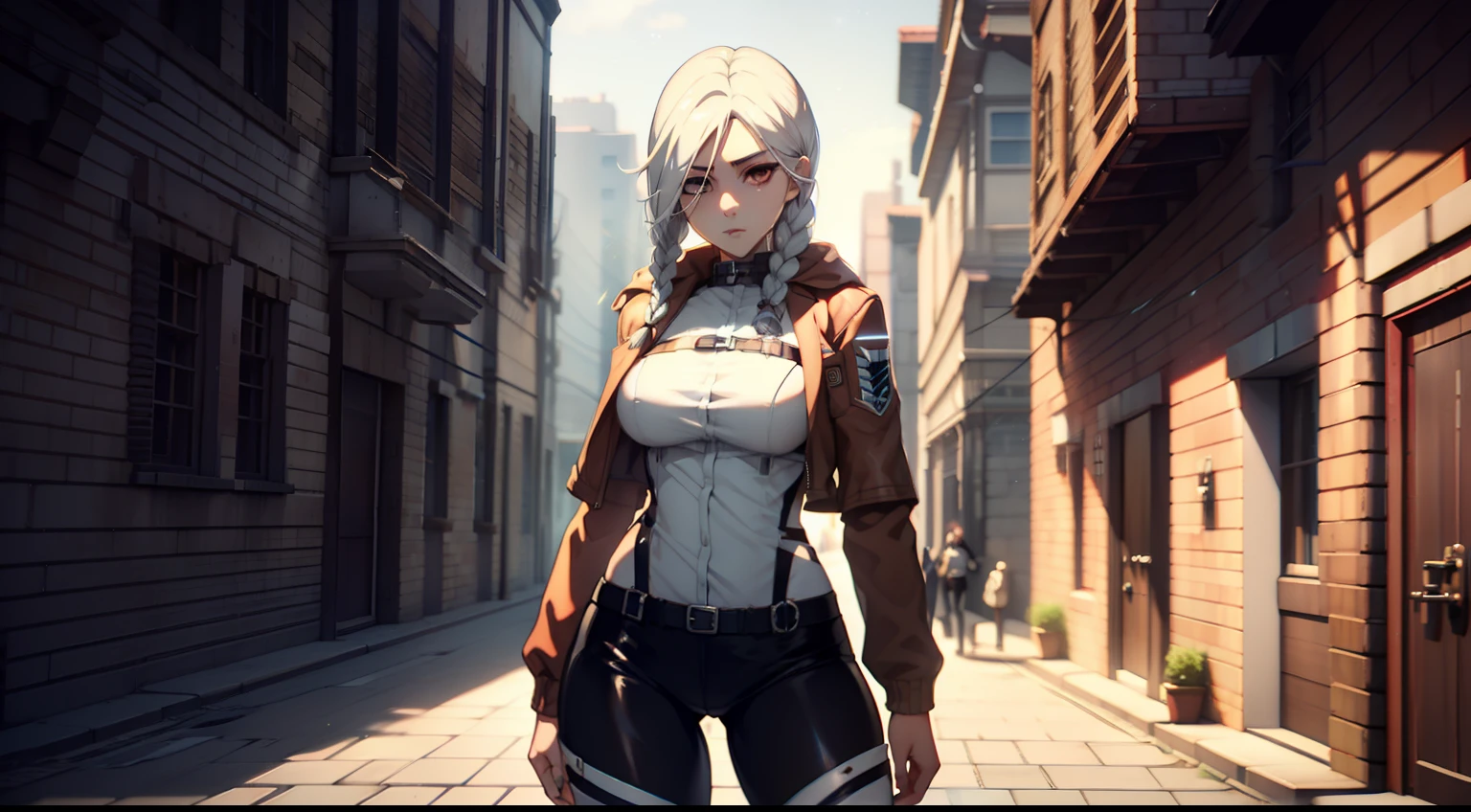 photo portrait, in full height (Body Full 1.1.), Beautiful figure, Lucy from the anime series Cyberpunk Edge Runner, a 1girl, facing the viewer, Beautiful figure (Proper Anatopy 1.1.), in full height (Body Full 1.1), Slim, Slender figure, Slender figure, shapely legs, leather pants, Anime style, white colored hair, white colored hair, that disappear at the ends, Bob hairstyle, short white jacket, tight black suit, Cutouts on the shoulders, Cutouts on the chest, Skinny black leather pants, Very detailed face, Very beautiful face, Very sexy ass, in full height (Body Full 1.1), Tall android girl, small elastic breasts, Little ass, Glitter Head Mask, Hair is gathered in a braid, Beautiful slim figure, small buttocks, A braid around the head, Round braid, Red Star in the Forehead, Short Brown Jacket, black tight suit, darkly,gris & Dark Style:1.1), Light, femininity,tmasterpiece,beste-Qualit,higly detailed,Visible to the feet, 8K resolution, High Sharp, 8K resolution, higly detailed, 8K UHD, Professional lighting, Photon mapping,physical based rendering, a perfect face, detailed face and body, ray traced, expressive look, Cinmatic Lighting,elastic small breasts, Heightened sexuality,