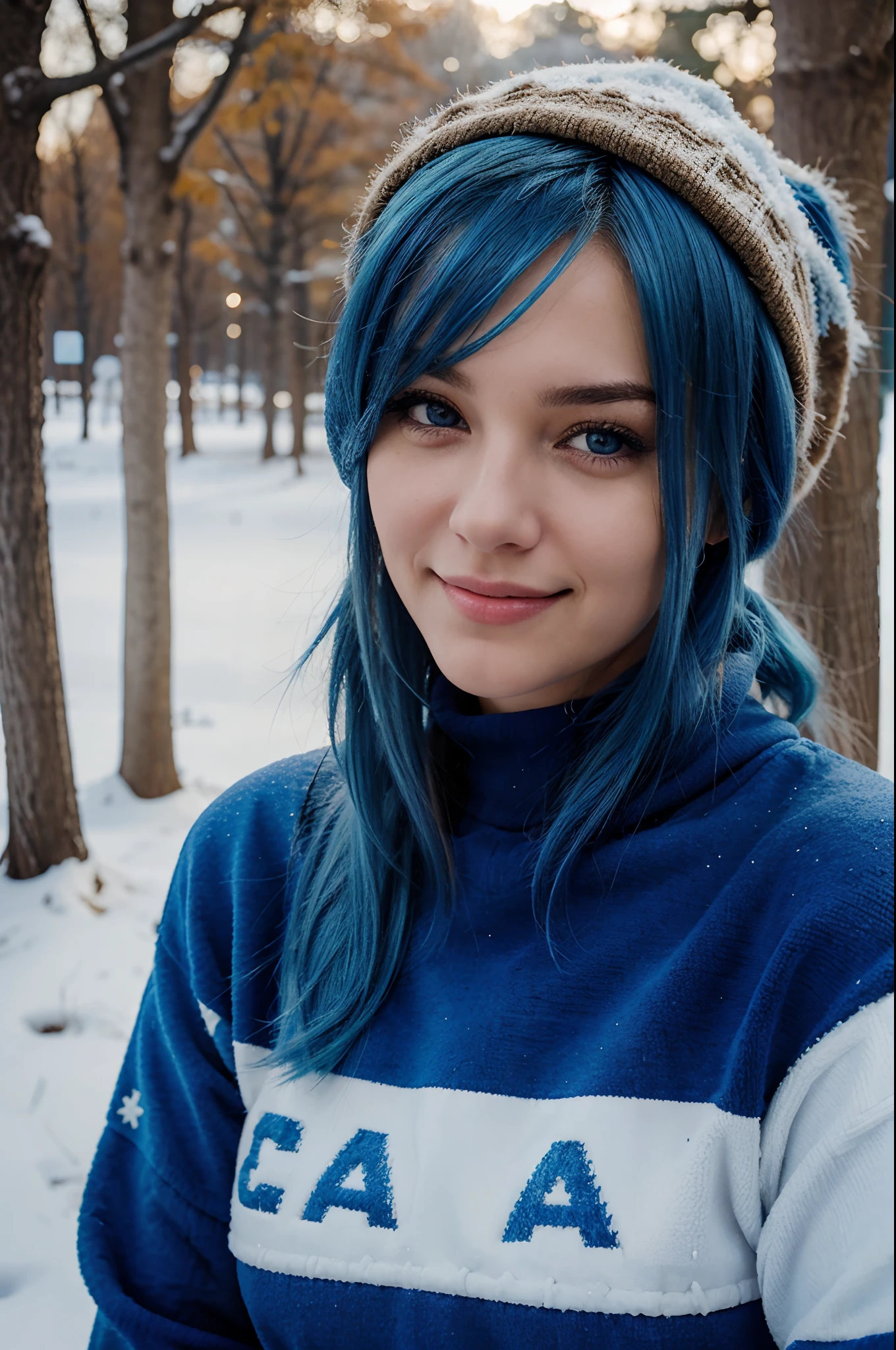 a selfie of a 25 years old beautifull woman, blue hair, winter jersey, blinking and eye and smilling, brown eyes