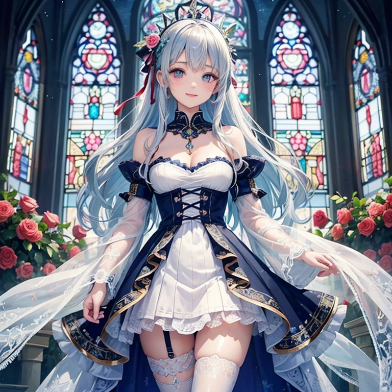 A girl in the church with white hair and blue pupils、seductive smile,It is surrounded by many sparkling feathers in, intricate detailes, Extremely delicate and beautiful, Whole body, Girls Front, focus on girl, Head tilt, beautiful detailed fullbody, neat figure, 1 girl, Young girls, long light wavy hair, Curly hair, Air bangs, Beautiful and detailed rune tails, Hair intake, pale blue hair, Beautiful face, ^ ^, Perfect hands, Small breasts, zettai ryouiki, Light brown eyes, Furry, Fur trim, roses,Hiding in the flowers, beautiful detailed dress, ribbon-trimmed sleeves, Jewelry Decoration, Thigh strap, Floral print cloth, Earth in the distance, dreamcore, roses,Surrounded by flowers, Details Light 1 Girl, stained glass,Wallpaper 8k CG, hyper quality, Ultra-detailed,