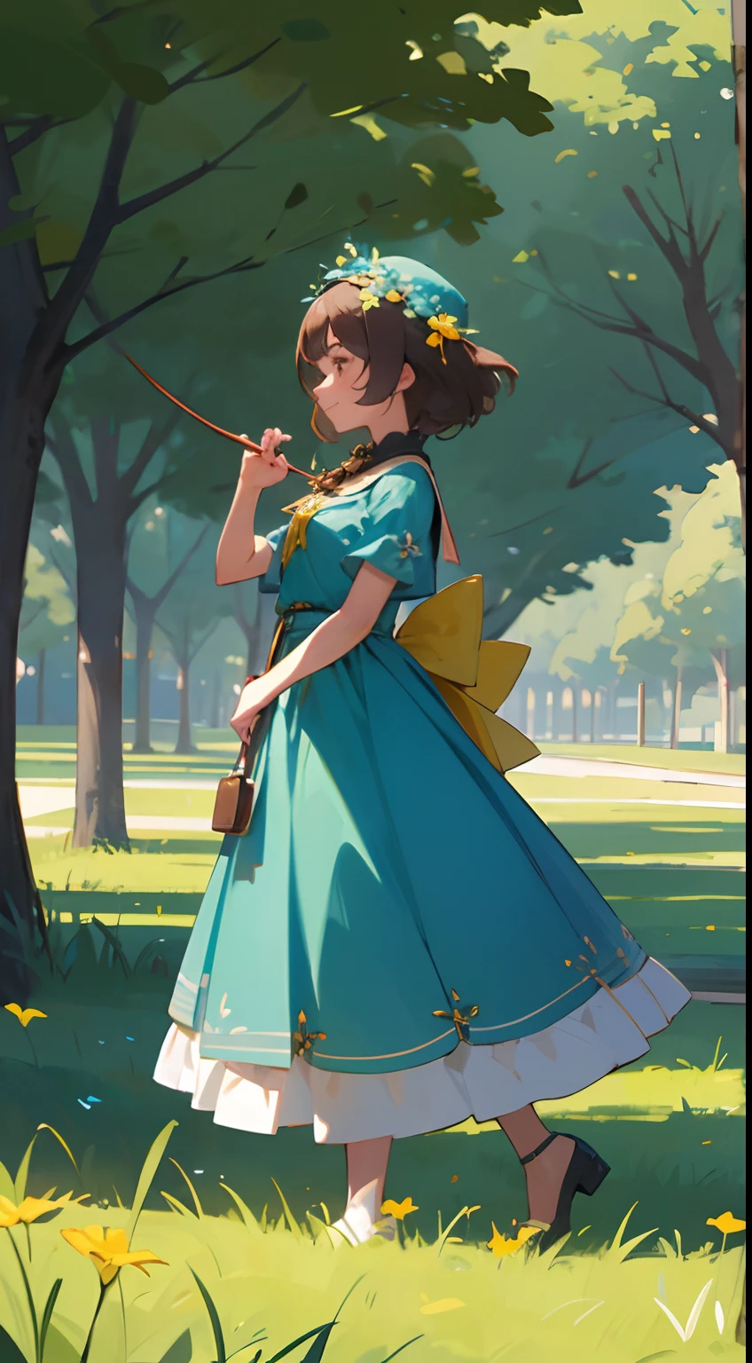 estilo anime jovem mulher morena com cabelo curto Chanel, olhos verdes, em um vestido azul, She's walking in the park with her dog on a leash, um vento levanta o vestido mostrando parte da calcinha, She smiles as she fiddles with her hair,do lado direito vemos um beija-flor nas flores, adicionar algumas borboletas amarelas voando