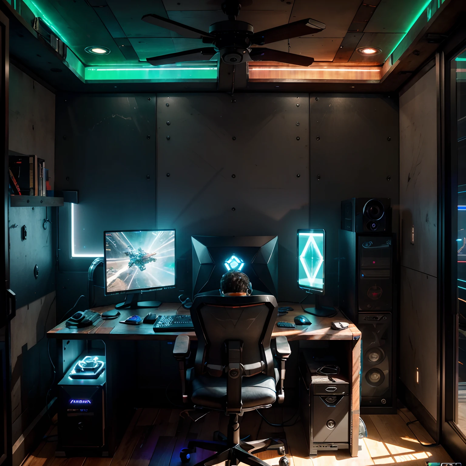 A spaceship interior gaming setup with a reclaimed wood desk, ultrawide monitor displaying galactic combat, and a Levine Quantum VIII PC case with pulsating neon liquid cooling and handcrafted churning components visible through a smudged tempered glass side panel illuminated by the vivid RGB lighting of the internals, casting rays across the body of the worn leather gaming chair