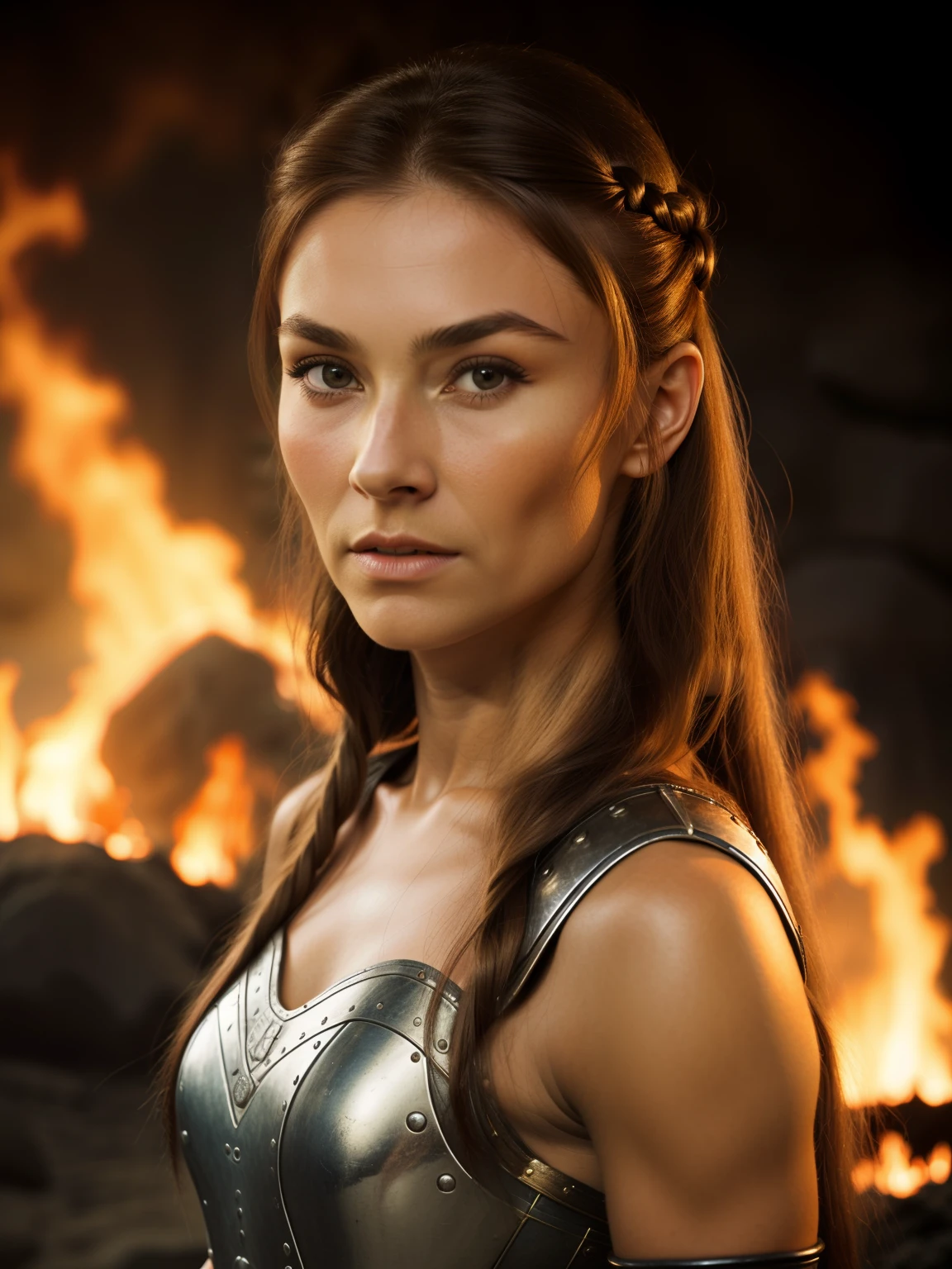 Portrait of a Viking female warrior, Very strong, strong and muscular, Tanned and firm, dark long hair, Brave female warrior, Similar to actor Audrey Hepburn, Stand in front of the burning village, precipice, Close up, Attack posture and stance.