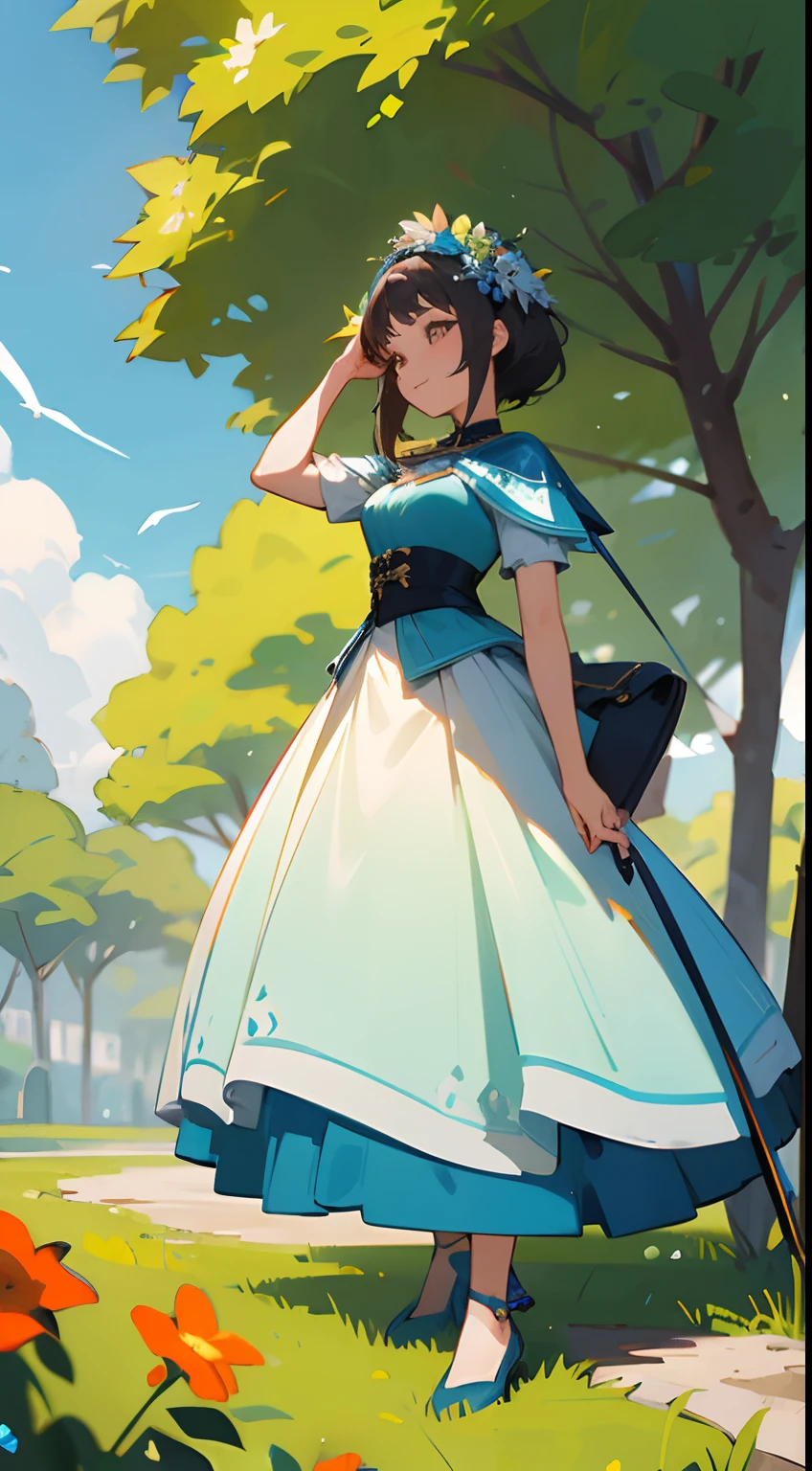 estilo anime jovem mulher morena com cabelo curto Chanel, olhos verdes, em um vestido azul, She's walking in the park with her dog on a leash, um vento levanta o vestido mostrando parte da calcinha, She smiles as she fiddles with her hair,do lado direito vemos um beija-flor nas flores, adicionar algumas borboletas amarelas voando