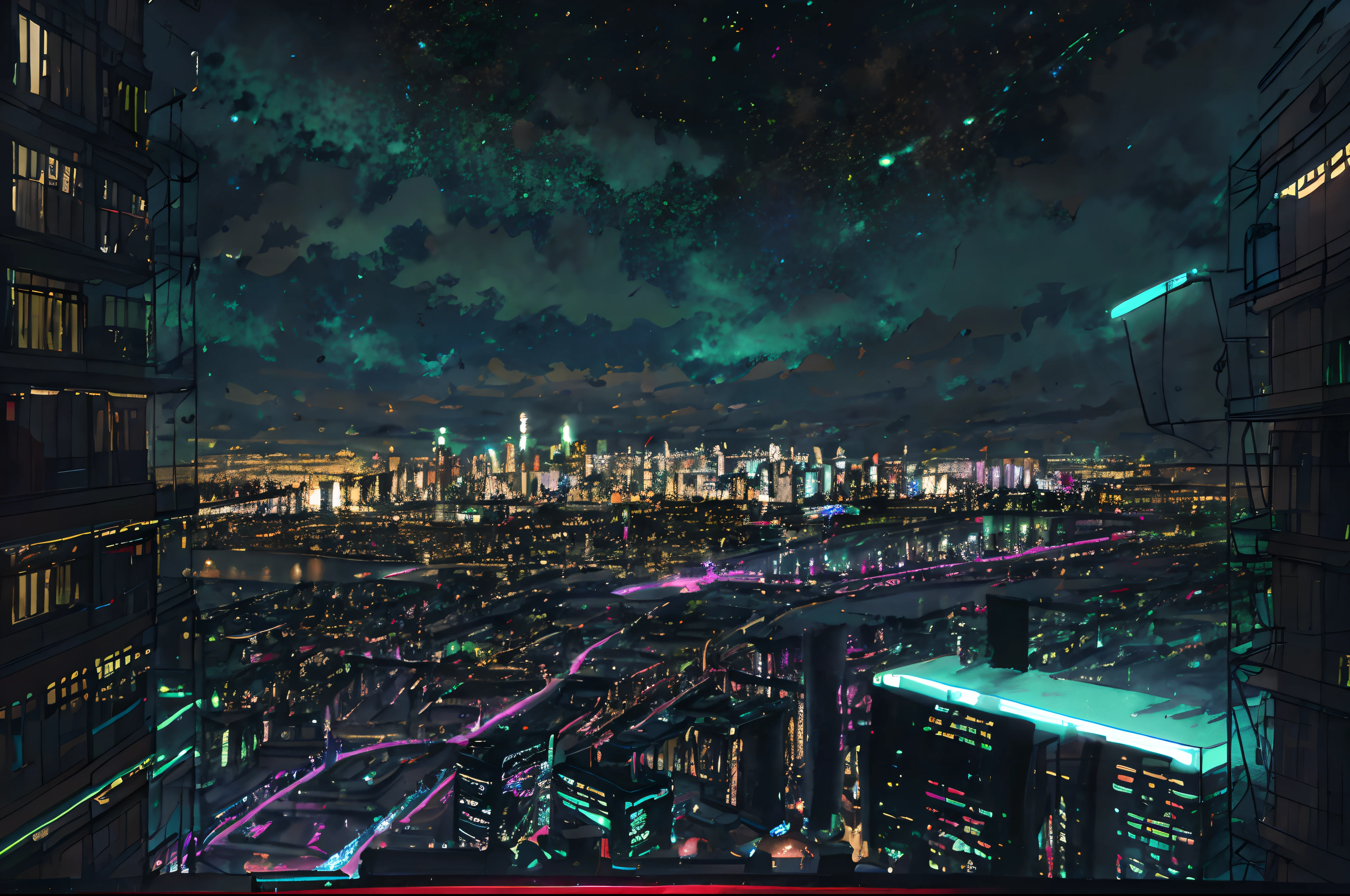 neon, glow, city, night
