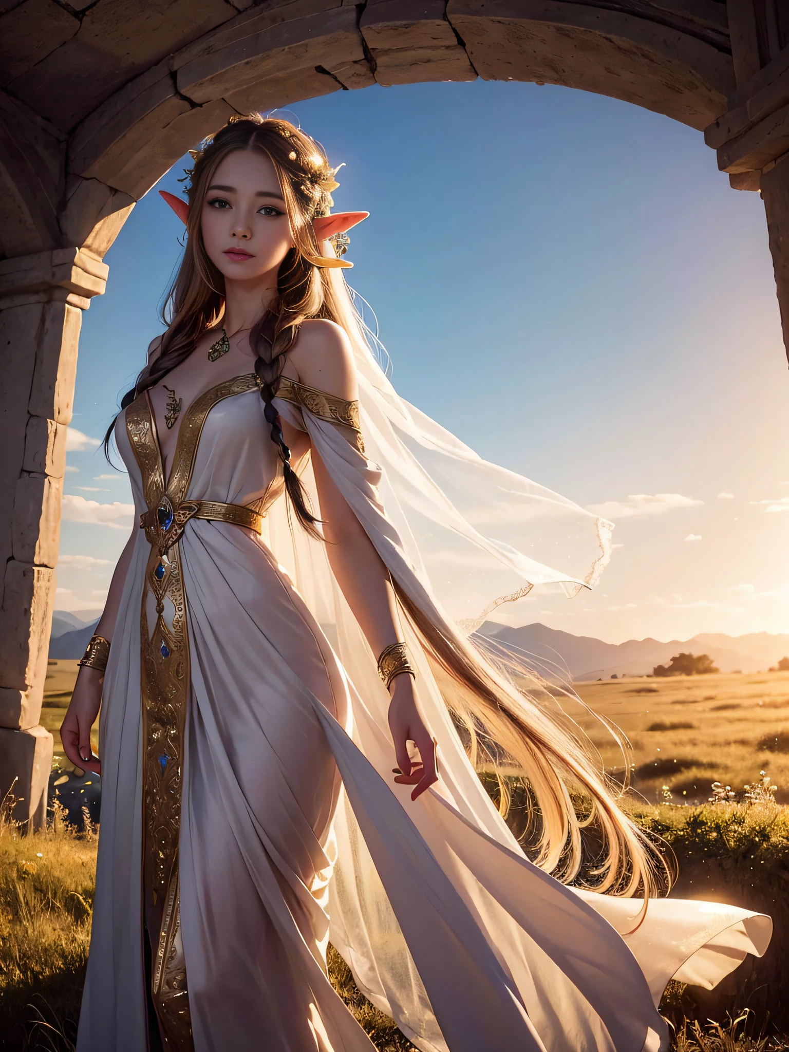 Graceful elven girl standing in meadow, Delicate face illuminated by the soft light of the setting sun. Her long, Flowing hair runs down your back, Decorated with intricate braids、Adorned with sparkling gemstones. This great photo is、、、It captures the ethereal beauty of elves. Slender figure in silk dress、Swaying in the soft steppe breeze. Attention to detail、Face that is、Face that is、Face that is、Face that is、It is evident in the intricate patterns of the dress and the subtle highlights of the luminescence. skin. The breathtaking portrayal of the elven girl is、、、、、Create an enchanting atmosphere、It invites the viewer to a magical world.