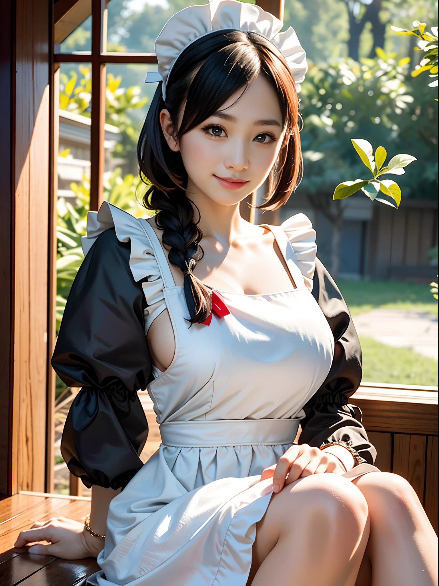 (8K, Raw photography, top-quality, masterpiece: 1.2), masterpiece, Super Detail, 超A high resolution, (Realistic and realistic photos: 1.37), high-definition RAW color photography, extremely delicate and beautiful, ighly detailed, 8K Wallpaper, astonishing, detaileds, extremely detailed eye, highlydetailed skin, extremely detailed fingers, highly detailed nose, highly detail mouth, perfect anatomia,1girl in, Apron, Black Dress, Blurry, Blurry background, Blurred foreground, blush, braid, breasts, depth of fields, Dress, eyebrows visible through hair, frilld, gloves, hair between eye, Indoors, Jewelry, juliet sleeves, Long sleeves, Looking at Viewer, maid, maid apronl, Maid headdress, Puffy sleeves, Short hair, Sitting, Solo, White Apron, window, Huge boobs、乃木坂アイドル、韓国アイドル、hposing Gravure Idol、女優、25-years old、tall、cafes、resturant、Italy、Americans、Australia、A smile