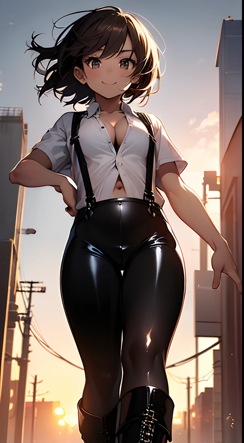 Best quality, masterpiece, 16K, high resolution, concept-art, (from below:2.0), Lo angle shot, blush, Brown eyes, brown bob hair, plump breast, smile, Looking at viewer, sunset city, BREAK (white theme:1.4), (wear black suspenders over a white collared-shirt:1.5), ((short sleeve, white collar):1.3), ((collarbone, cleavage):1.3), ((navel, stomach):1.3),
BREAK (black theme:1.2), (black tight latex short pants:1.2), (bare thighs:1.3), (platform HIGH boots:1.1),