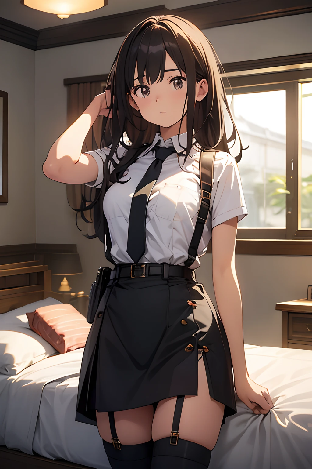 ​masterpiece、flat-colors、depth of fields、lens flare 1 girl、、Brown hair、watching at viewers　　　black suspenders　　　Bulging big breasts　　　 　 　　　walls: 　Black miniskirt　garters　　　　　　Gaze　　　Small face　bangss 　　　holster　　Belt Armament　Beautuful Women　srestrained　hands up　Lying in bed　Sleep in a leg holster bed　Pants in the gap　２０hindquarters　suits