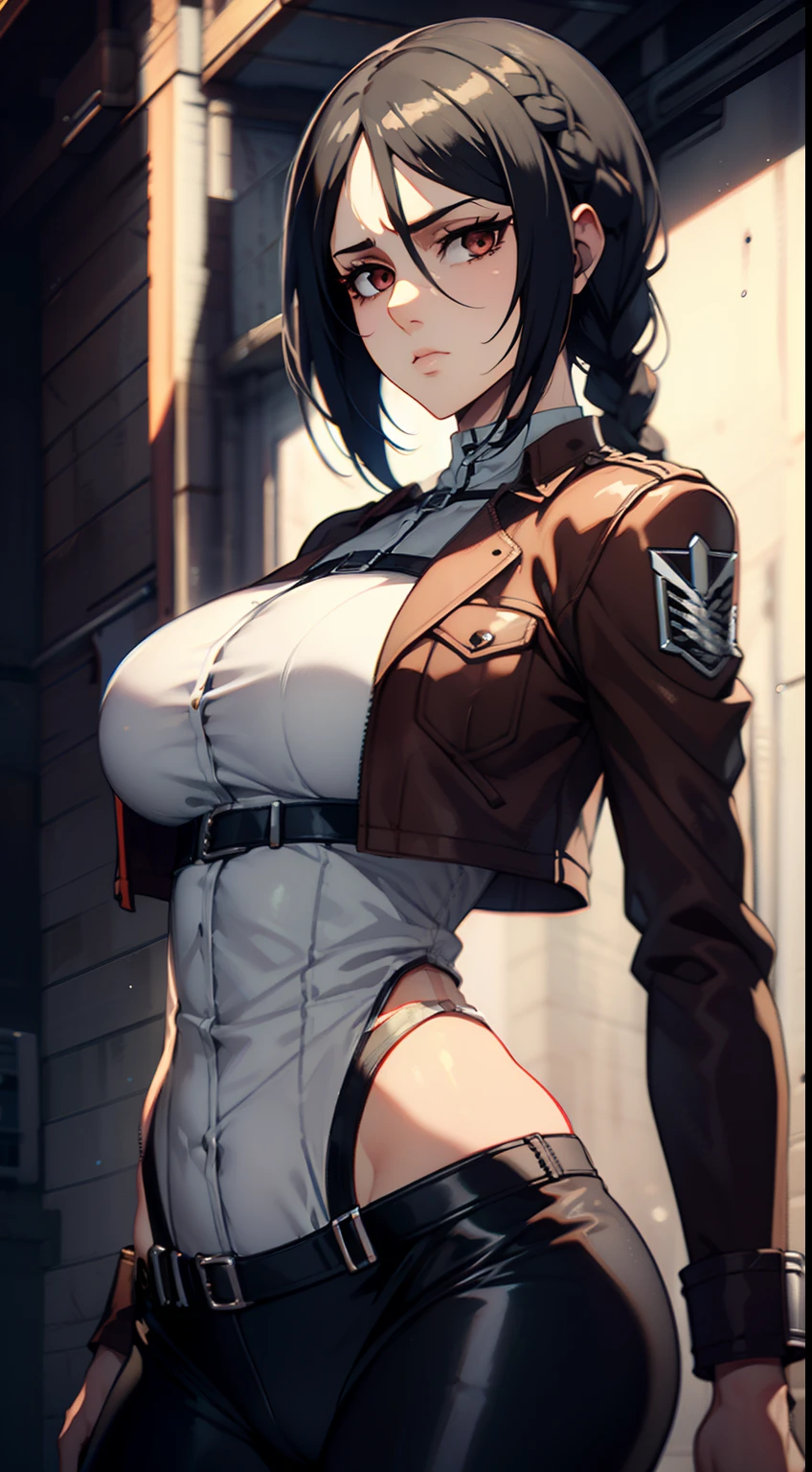 photo portrait, Beautiful figure, Lucy from the anime series Cyberpunk Edge Runner, a 1girl, facing the viewer, Beautiful figure (Proper Anatopy 1.1.), in full height (Body Full 1.1), Slim, Slender figure, Slender figure, shapely legs, leather pants, Anime style, white colored hair, white colored hair, that disappear at the ends, Bob hairstyle, short white jacket, tight black suit, Cutouts on the shoulders, Cutouts on the chest, Skinny black leather pants, Very detailed face, Very beautiful face, Very sexy ass, in full height (Body Full 1.1), Tall android girl, small elastic breasts, Little ass, Hair is gathered in a braid, Beautiful slim figure, small buttocks, A braid around the head, Round braid, Red Star in the Forehead, Short Brown Jacket, black tight suit, darkly,gris & Dark Style:1.1), Light, femininity,tmasterpiece,beste-Qualit,higly detailed,Visible to the feet, 8K resolution, High Sharp, 8K resolution, higly detailed, 8K UHD, Professional lighting, Photon mapping,physical based rendering, a perfect face, detailed face and body, ray traced, expressive look, Cinmatic Lighting,elastic small breasts, Heightened sexuality,