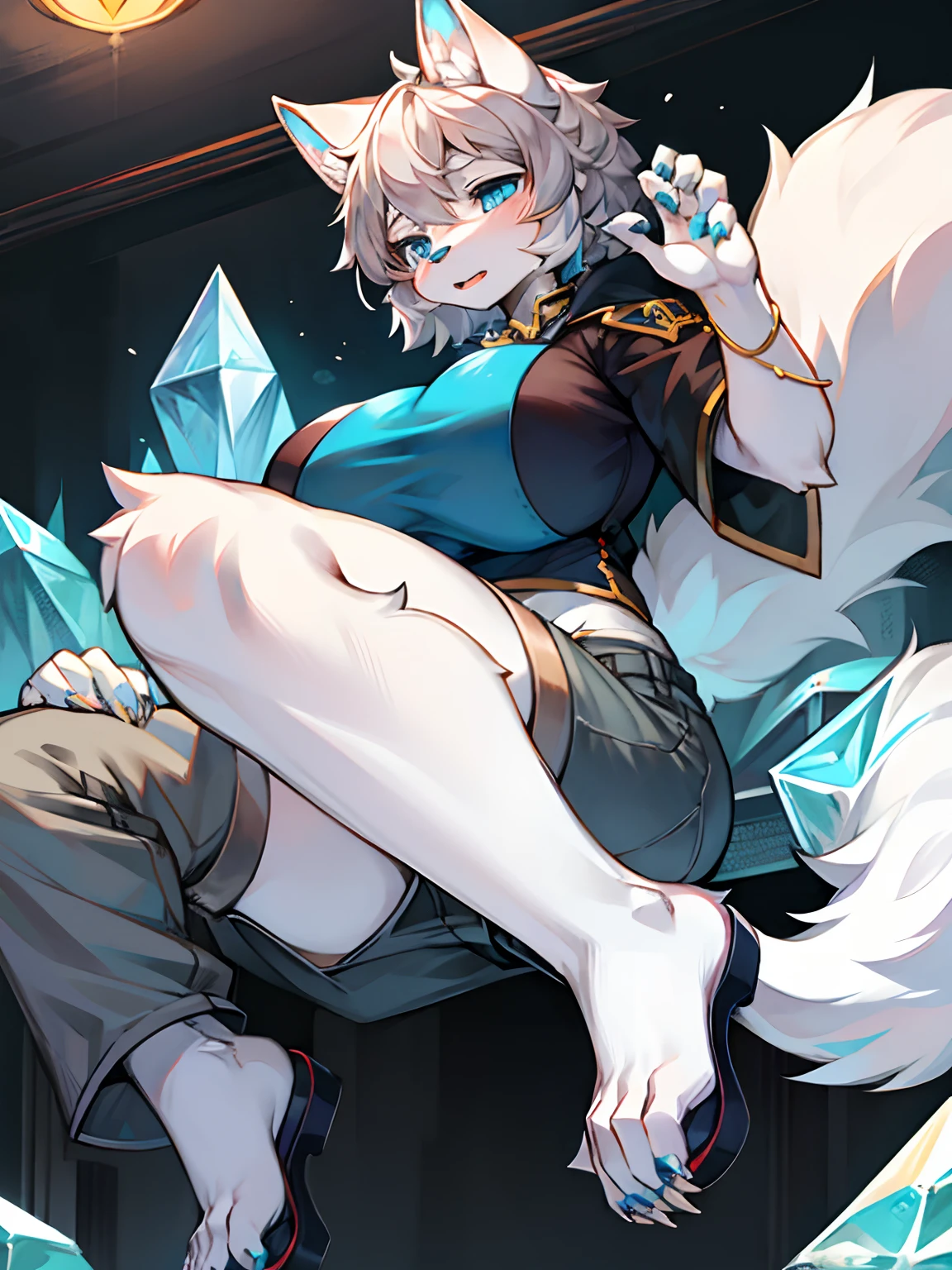 （tmasterpiece：1.2），（anatomy correct：1.1），（high qulity：1.5），（（（solo  anthropomorphic）））Furry_Transformation Wolf Flsona，1 Wolf girl，White fur，crystal blue eyes，（Celestial nose），White claws，White feet，canine hands，（Details dog feet：1.2），Black beans，Detail beans，（（1 Wolf girl）），[digitial painting\（artwork of a）：：：0.8]canine feet，（lines of movement：1.1），Single fluffy tail，[aquarelle（artwork of a）：0.6]，greyt hair，short detailed hair，grey shorts，sandals，big boobs