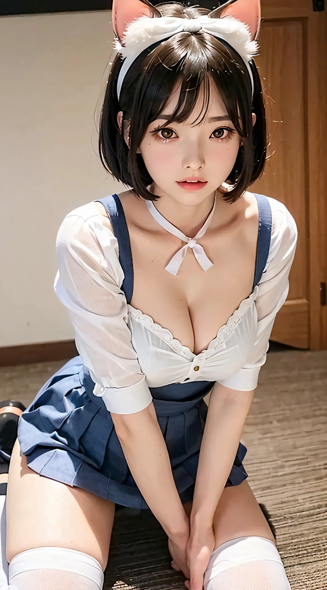 (a closeup:1.4)、(RAW shooting:1.2)、(Photorealsitic:1.4)、(masterpiece:1.3)、(top-quality:1.4)、one girls、(Slender and beautiful girl)、(large full breasts:1.2)、Fluffy breasts、beauty breast、(cleavage of the breast)、(erectile nipple:1.2)、Spread legs、(FULL BODYSHOT)、From above、in 8K、(masutepiece:1.2)、(bow ribbon、knee high socks:1.3)、Look at viewers、blush、Kneeling、Facing up、ribbon bondage、(skinny fingers)、(beautiful thigh)、(Short Bob:1.2)、School uniform、kawaii、Cute、(White Cat Ear Hair Accessories:1.2)、
