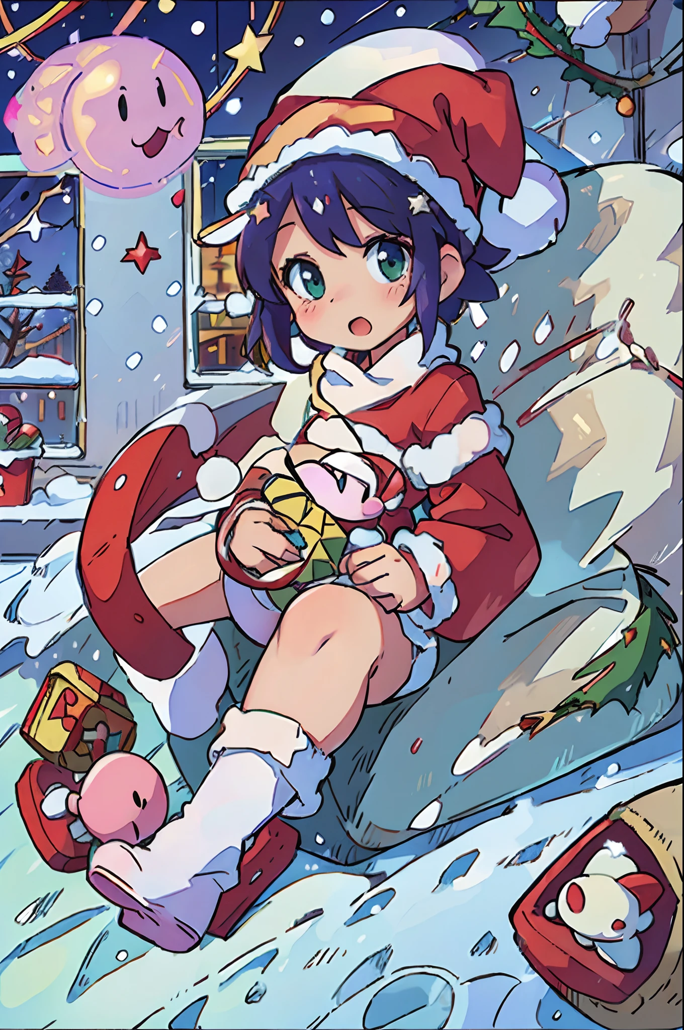 Christmas, kirby wearing a Santa hat, indoors, snow outside the diamond window, winter