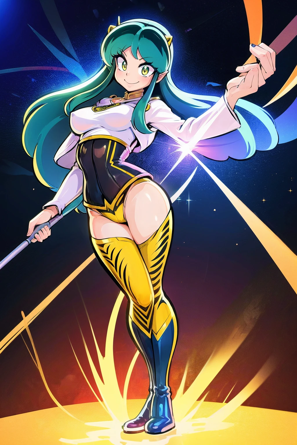 masterpiece, best quality,, corset, breastplate,lum, , urusei yatsura, cloak, pants, pullover kimono,martial pov,, pantyhose, sharpteeth, standing,smile, matial art,, full body, boots , pant, medium breast, pants, pullover,martial pov,god rays, ray tracing, sparkle, cinematic lighting, UHD, retina, masterpiece, ccurate, anatomically correct, textured skin, super detail, high details, high quality, award winning, best quality, highres, 1080P, HD, 4K, thunder aura, light aura, sharpteeth,, super powers