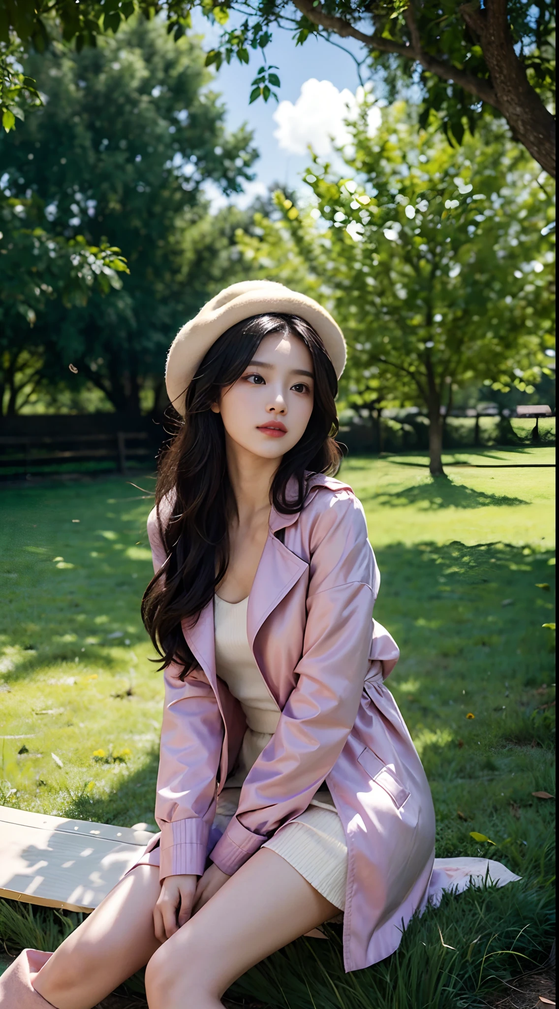 High-res, Realistic portraits of professionals with perfect skin,The breath of life should emphasize her sitting and lying postures,Idyllic beauty,In the midst of idyllic nature,Wear a stylish trench coat,Long boots,Wearing a pink hat,Play in the fields,The breeze blows through the hair of the beauty,Breeze in the wind,Medium-sized half-body,Long black hair,panoramicshooting,Looks confident and cute, Longing for freedom and beauty,By the sunshine of the countryside,Cold,Surrounded by the scent of nature, Vibrant and naturally lit highlights. The artwork should emphasize her elegant facial features, Including charming long eyes, Fluttering eyelashes and seductive lips, The scene should be enhanced with elements of professionalism and visual appeal,For example, tenchi,the trees,Flock of Birds,Mainframe computers, High-resolution display, Highlight the temperament of beauty, The overall tone should be warm and professional, The sun shines on the whole body of the beauty,soft sun light,Has a soft and natural color palette. The artwork should exude a sense of professionalism, and cultural pride,