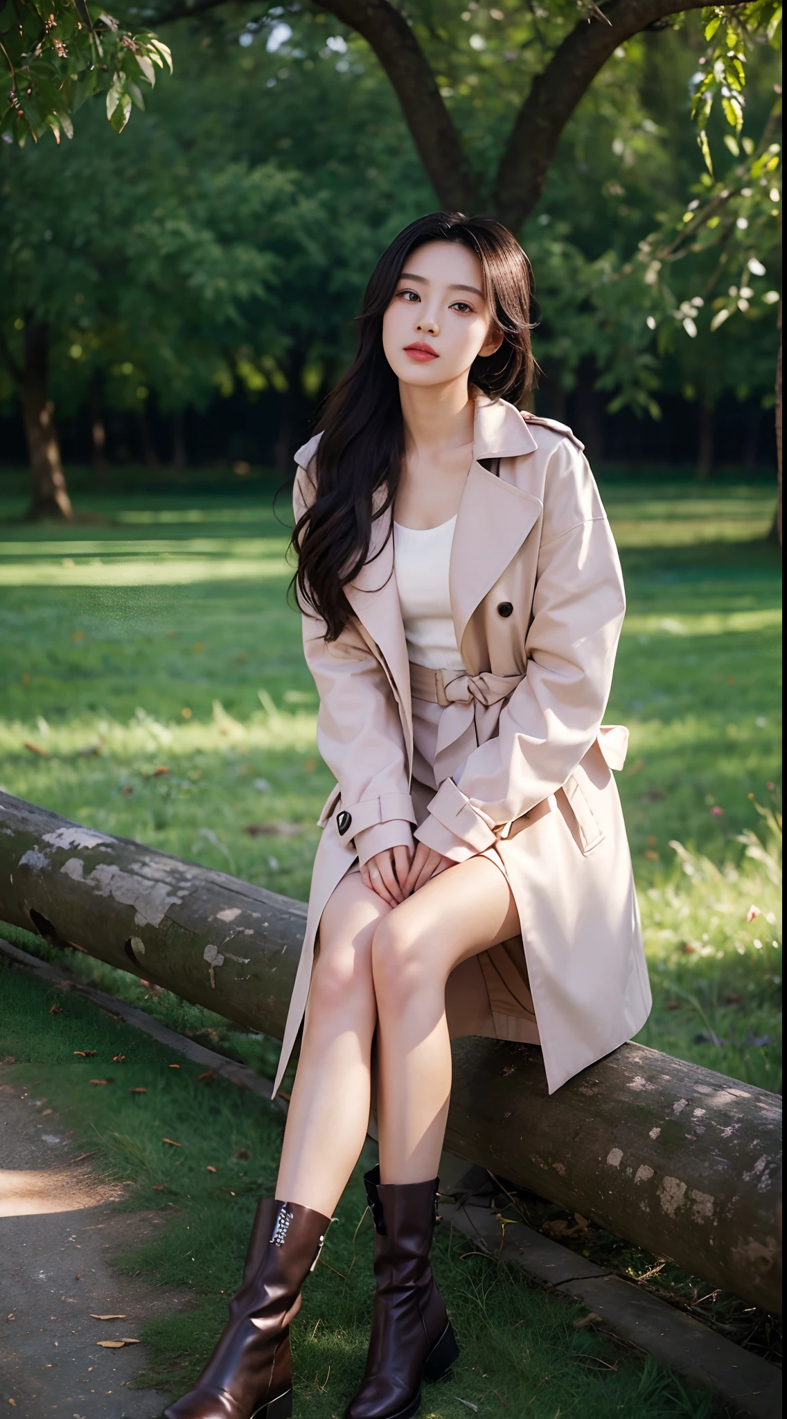 High-res, Realistic portraits of professionals with perfect skin,The breath of life should emphasize her sitting and lying postures,Idyllic beauty,In the midst of idyllic nature,Wear a stylish trench coat,Long boots,Wearing a pink hat,Play in the fields,The breeze blows through the hair of the beauty,Breeze in the wind,Medium-sized half-body,Long black hair,panoramicshooting,Looks confident and cute, Longing for freedom and beauty,By the sunshine of the countryside,Cold,Surrounded by the scent of nature, Vibrant and naturally lit highlights. The artwork should emphasize her elegant facial features, Including charming long eyes, Fluttering eyelashes and seductive lips, The scene should be enhanced with elements of professionalism and visual appeal,For example, tenchi,the trees,Flock of Birds,Mainframe computers, High-resolution display, Highlight the temperament of beauty, The overall tone should be warm and professional, The sun shines on the whole body of the beauty,soft sun light,Has a soft and natural color palette. The artwork should exude a sense of professionalism, and cultural pride,