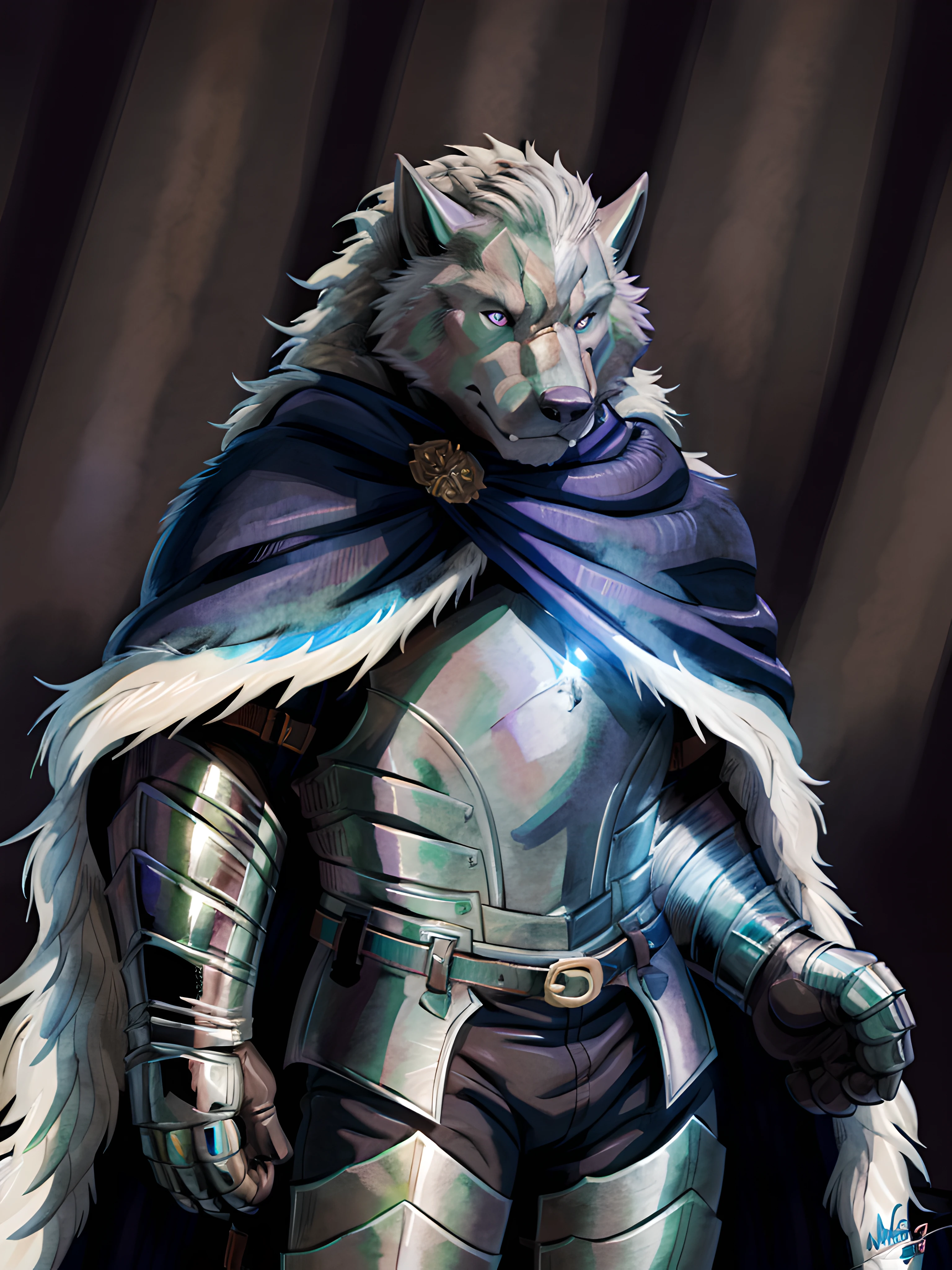 blaidd (elden ring), furry body, very muscular, heavyweight, armor, cape, pants, belt, male, masculine, 4k, high resolution, detailed, correct anatomy, correct proportions, (featureless background, dark background, black forest background), half body, (by wfa, by negger:1.0), detailed eyes, darkness:1.3