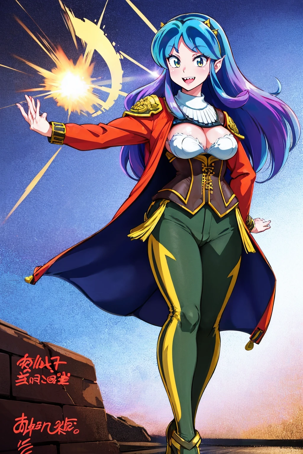 masterpiece, best quality,, corset, breastplate,lum, , urusei yatsura, cloak, pants, pullover kimono,martial pov,, pantyhose, sharpteeth, standing,smile, matial art,, full body, boots , pant, medium ??????, pants, pullover,martial pov,god rays, ray tracing, sparkle, cinematic lighting, UHD, retina, masterpiece, ccurate, anatomically correct, textured skin, super detail, high details, high quality, award winning, best quality, highres, 1080P, HD, 4K, thunder aura, light aura, sharpteeth,, super powers