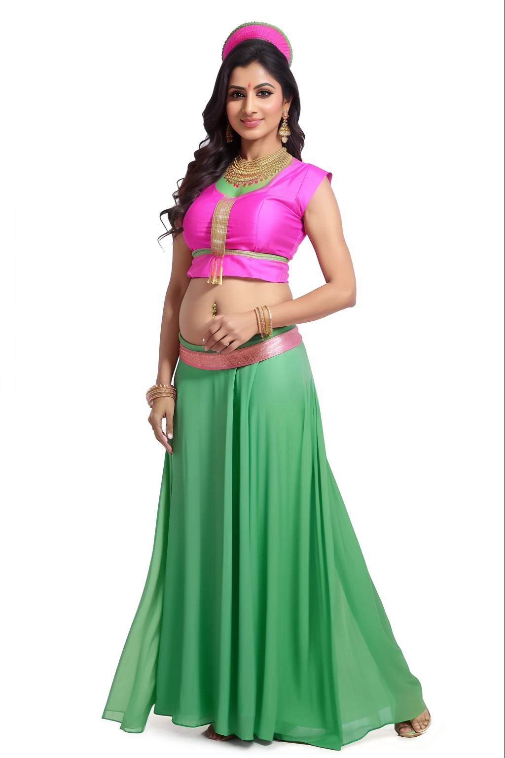arafed woman in a green and pink leheni with a pink blouse, draped in fleshy green and pink, indian style, dressed in long fluent skirt, sari, idian dress, indian goddess, ad image, indian, navel, female outfit, green and pink, gracefully belly dancing pose, full body picture, traditional clothing, fullbody photo