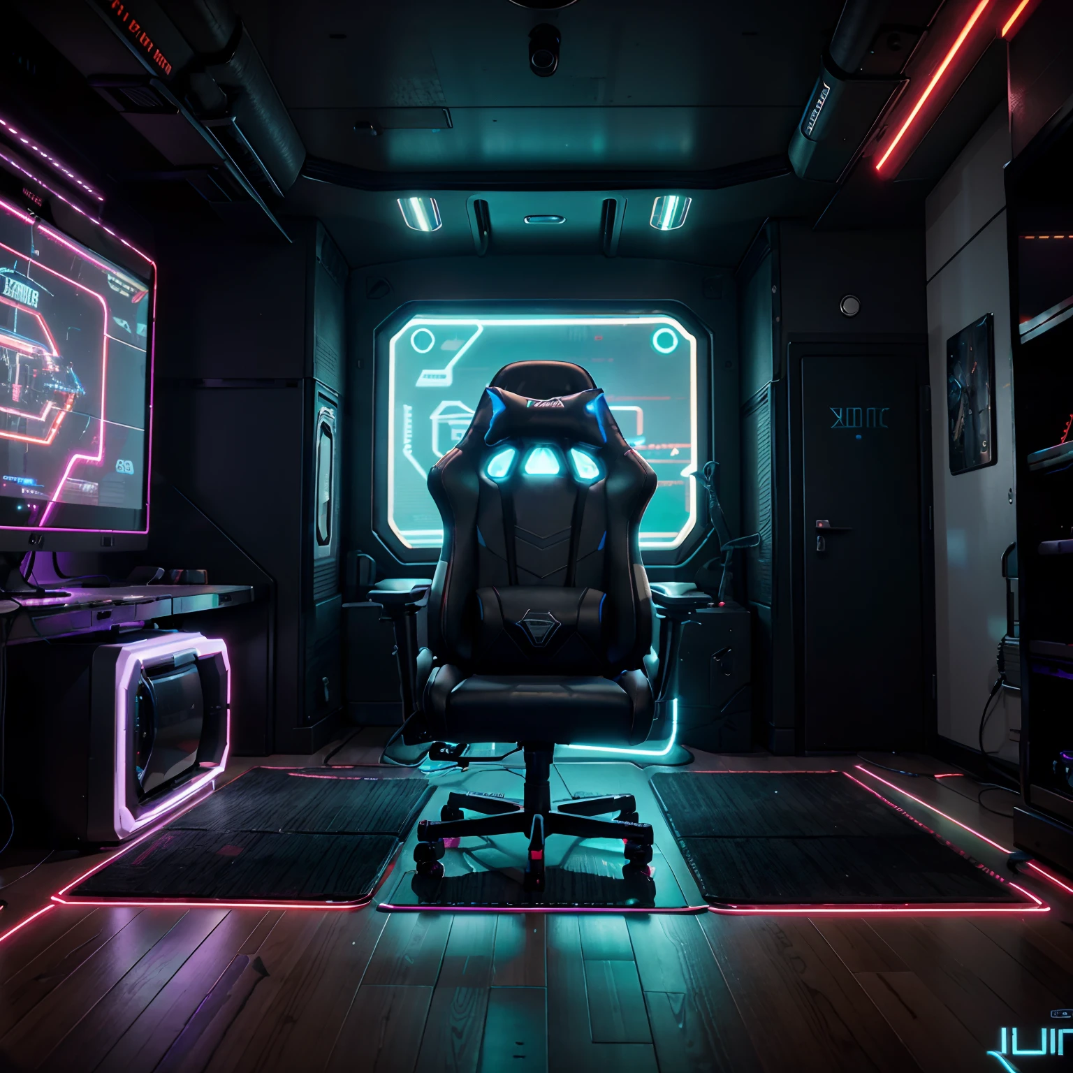 A spaceship interior gaming setup with neon lights pulsing along the floor in cyberpunk patterns, leading to a cockpit-style leather gaming chair surrounded by ultrawide monitors with joystick peripherals, displaying vivid galactic dogfights. A Levine Quantum VIII gaming PC case has animated neon liquid cooling and precision focused internals visible through the glass