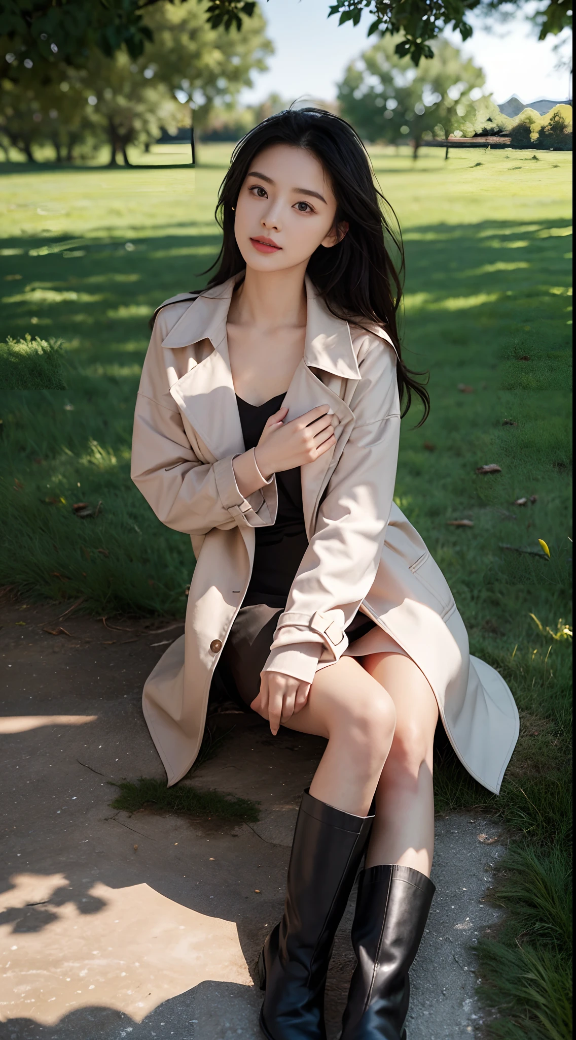 High-res, Realistic portraits of professionals with perfect skin,The breath of life should emphasize her sitting and lying postures,Idyllic beauty,In the midst of idyllic nature,Wear a stylish trench coat,Long boots,Wearing a pink hat,Play in the fields,The breeze blows through the hair of the beauty,Breeze in the wind,Medium-sized half-body,Long black hair,panoramicshooting,Looks confident and cute, Longing for freedom and beauty,By the sunshine of the countryside,Cold,Surrounded by the scent of nature, Vibrant and naturally lit highlights. The artwork should emphasize her elegant facial features, Including charming long eyes, Fluttering eyelashes and seductive lips, The scene should be enhanced with elements of professionalism and visual appeal,For example, tenchi,the trees,Flock of Birds,Mainframe computers, High-resolution display, Highlight the temperament of beauty, The overall tone should be warm and professional, The sun shines on the whole body of the beauty,soft sun light,Has a soft and natural color palette. The artwork should exude a sense of professionalism, and cultural pride,