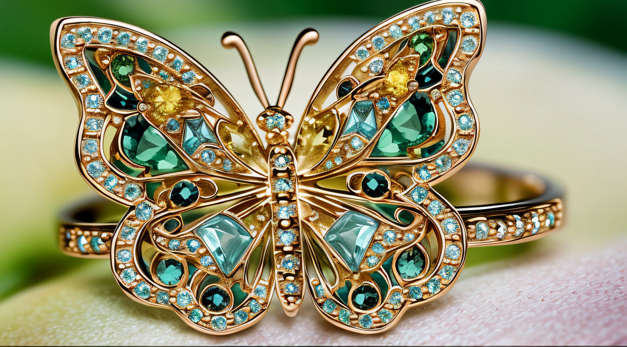 A delicate butterfly ring, an exquisite jewel with intricate patterns and vibrant colors, captured in a close-up photo, showcasing the tiny details of the wings and the glistening gem, Photography, macro lens, f/2.8, --ar 1:1 --niji