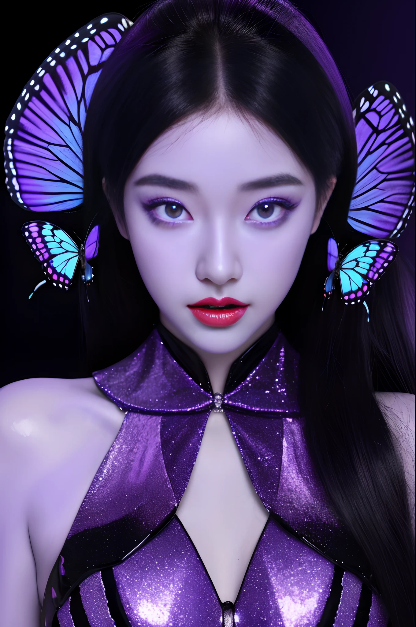 one-girl，Purple butterfly anthropomorphic，solo，Sparkling picture，shiny long black hair，Highlights of facial features，putting makeup on，Redlip，Eyes as bright as the Milky Way，Butterflies emit blue fluorescence，The girl is like a butterfly fairy，Purple lighting，Highest image quality，Best Masterpiece，Highest image quality，A high resolution