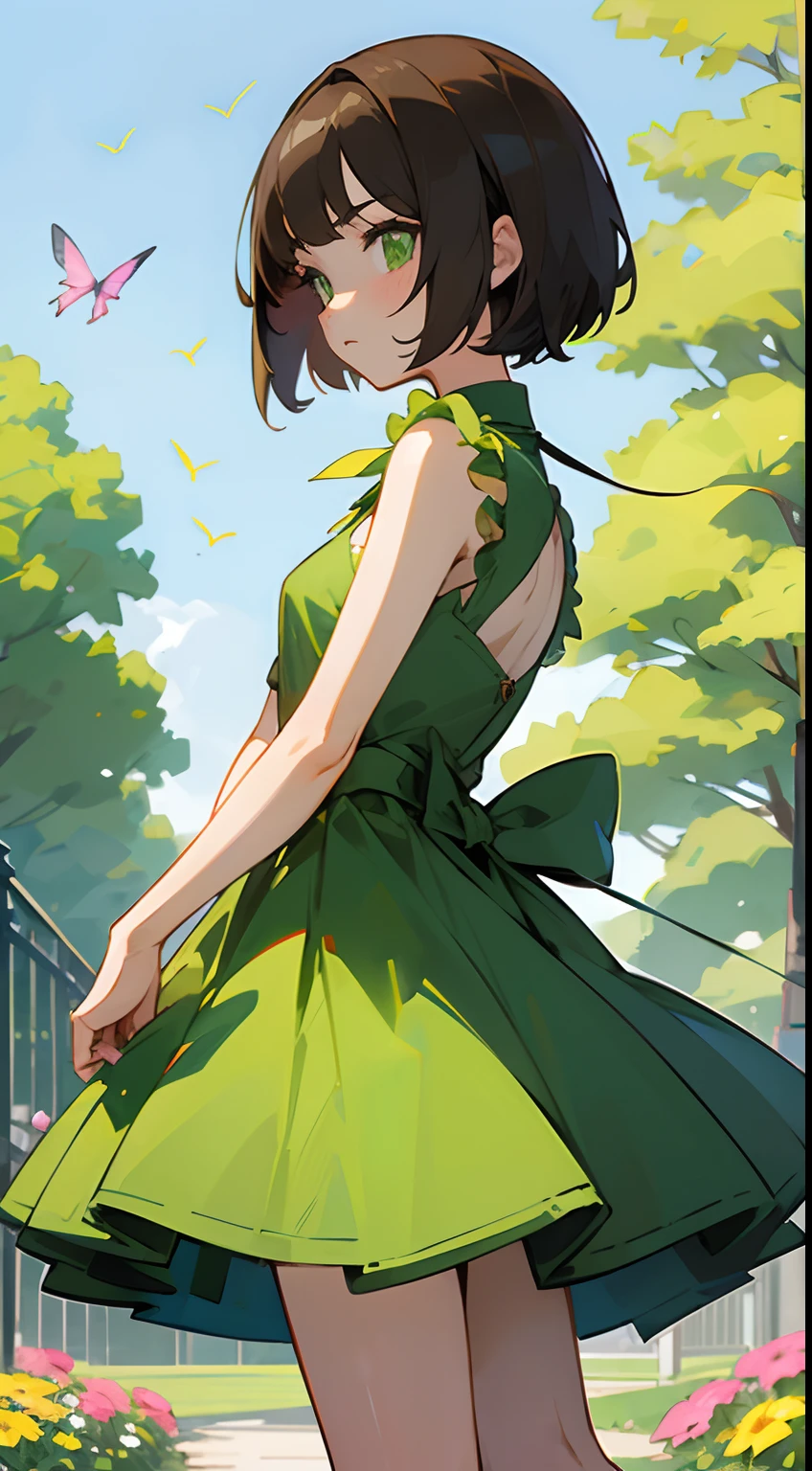 anime style
young brunette woman with short Chanel hair, green eyes, in a green samll dress walking in the park with her dog on a leash,
a wind lifts the dress showing the panties,
she is ashamed,
on the right side we see a hummingbird in the flowers, add some yellow butterflies flying