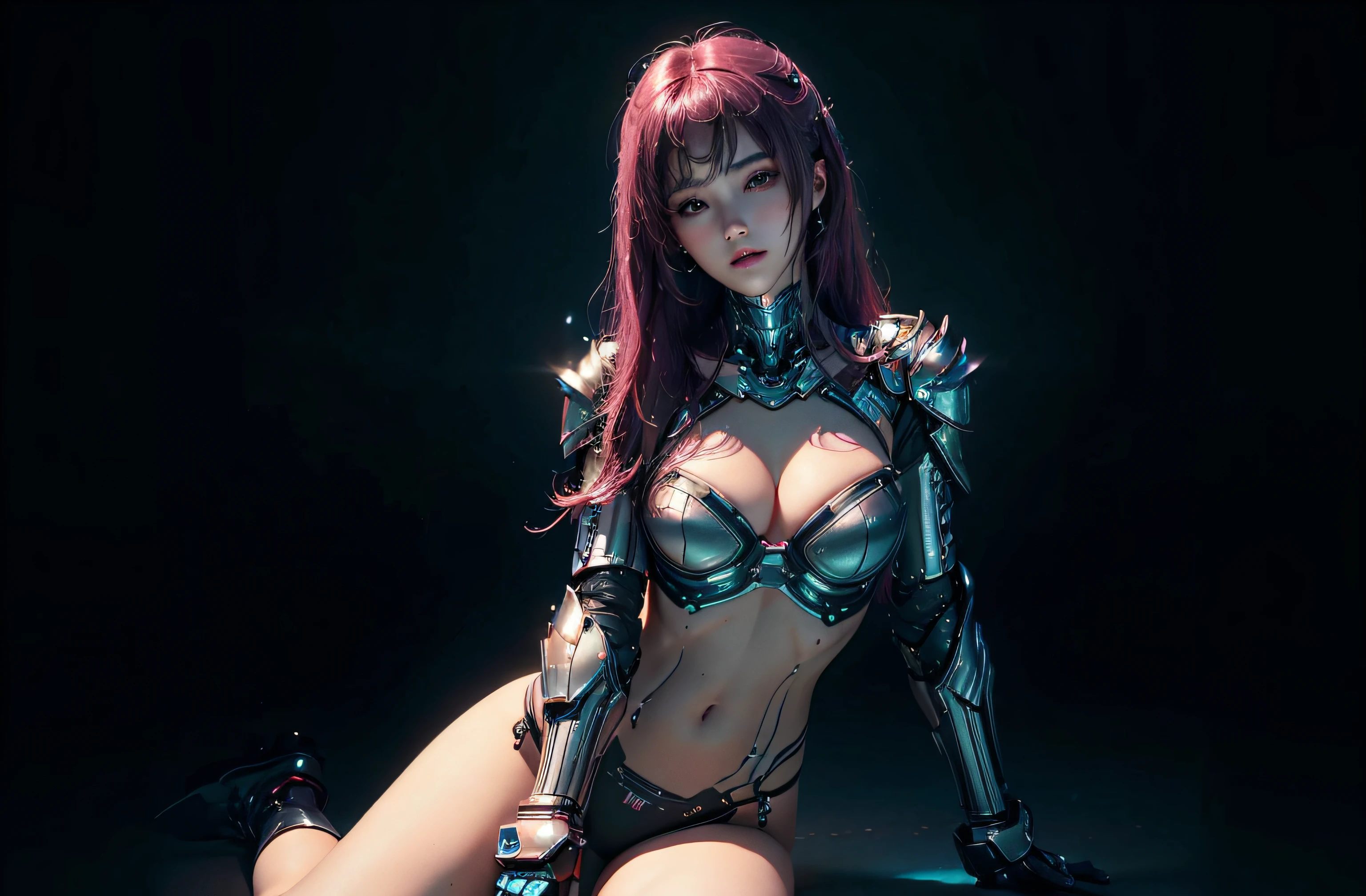 ((top-quality)), ((masterpiece)), (detaileds: 1.4), 1 Beautiful Cyberpunk Woman、(Super beautiful)、(ultra beautiful faces)、(A detailed face:1.1)、(Super long hair), Beautiful woman with long magenta hair、Mechanical Armor、Cyber Armor、、LED Coloring、s Armor、(Overexposed)、(Navel out)、sexypose、cleavage of the breast、open one's legs、(Clear pubic contours)、neons,Spotlight from multiple angles、 futuristic fantasy、超A high resolution、((Like shining a light on the face))、NSFW