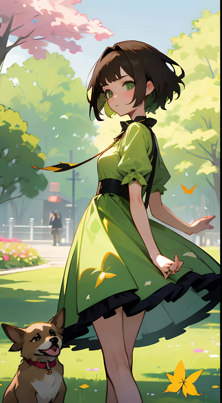 anime style
young brunette woman with short Chanel hair, green eyes, in a green samll dress walking in the park with her dog on a leash,
a wind lifts the dress showing the panties,
she is ashamed,
on the right side we see a hummingbird in the flowers, add some yellow butterflies flying