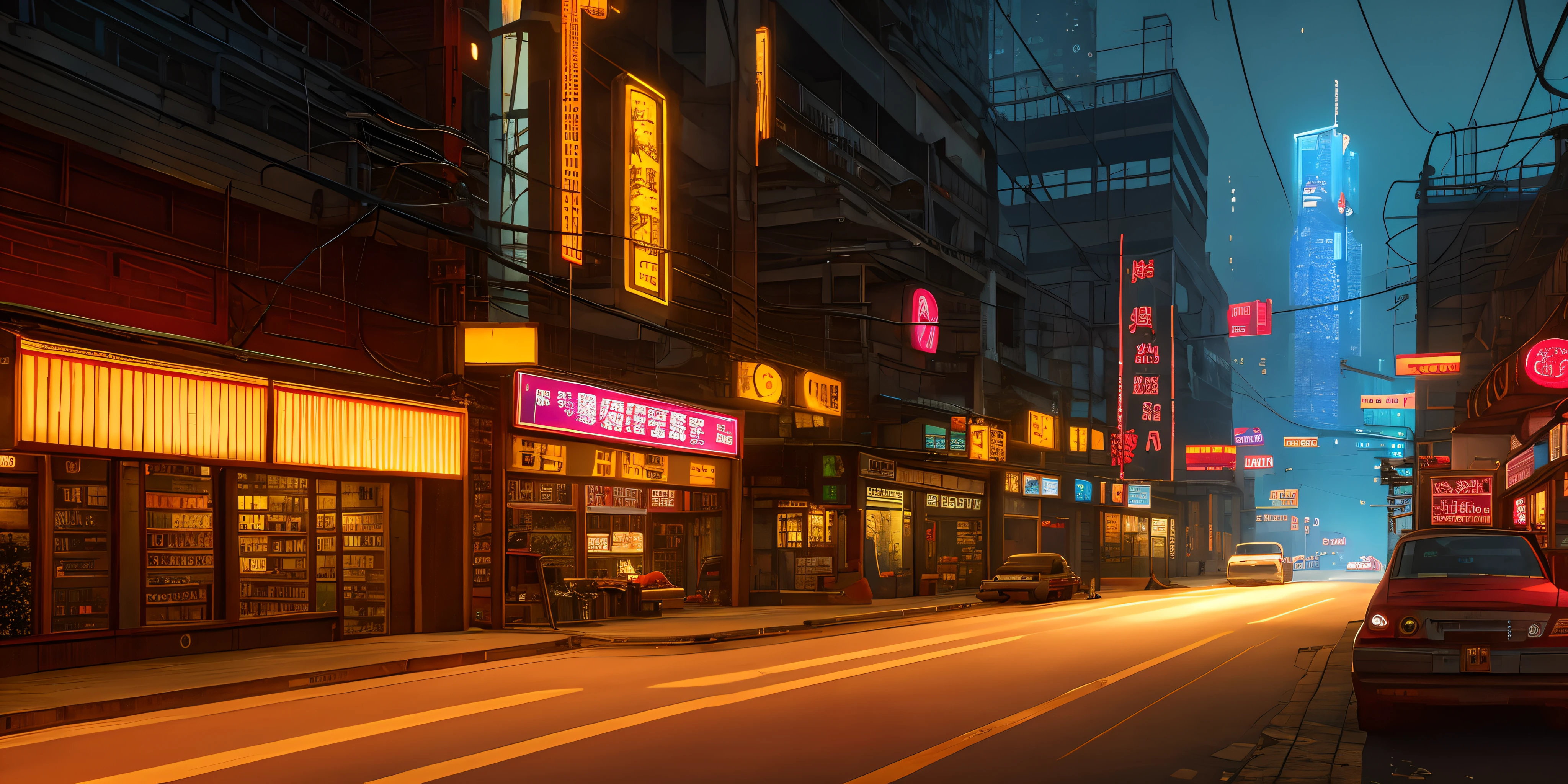 Cyberpunk city from sci-fi movie, wasteland, empty street, night, chinoiserie architecture, bridge, old shop, irregular, circuit board, wires, intricate, ultra detailed, realistic, hyper realistic, high quality, best , Super Detail, Crazy Detail, Very Detailed, Photorealistic, Epic Composition, Best Quality, 32k --v 6