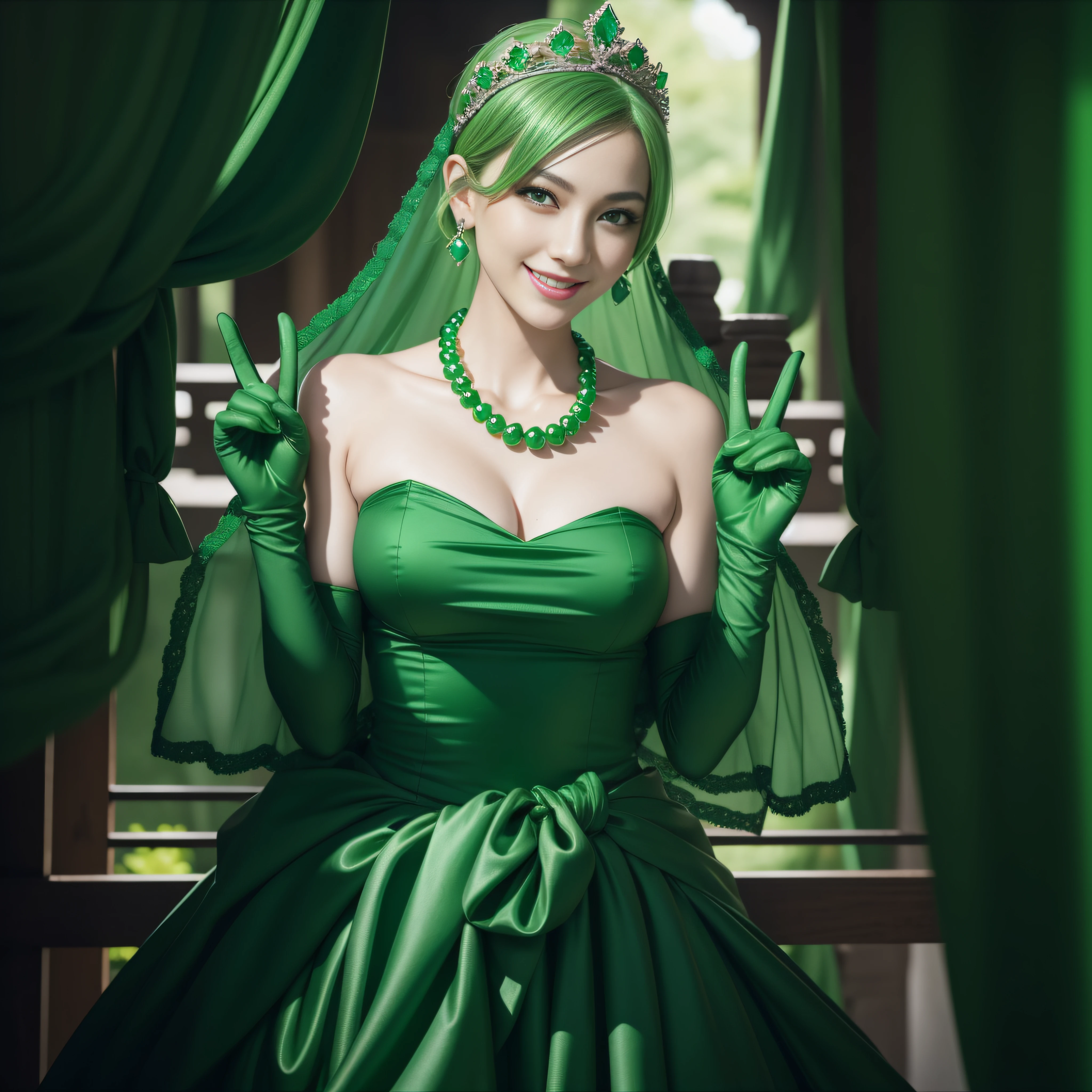 Emerald tiara, Green Pearl Necklace, ボーイッシュな非常に短いGreen Hair, Green Lips, Smiling Japanese woman, Very short hair, Busty beautiful lady, Green Eyes, Green satin long gloves, Green Eyes, Emerald Earrings, Green veil, Heart with both hands, Green Hair, Beautiful Japanese Women, Heart shaped hands:1.3, green lip gloss