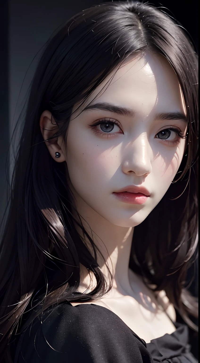 masterpiece, best quality, 8k, absurdres, beautiful girl, (night, upper body, dark background:1.4), (classical dress:1.6), dark studio, rim lighting, dimly lit, low key, ultra realistic, highres, photography, film grain, chromatic aberration, depth of field, sharp focus, HDR, facelight, dynamic lighting, cinematic lighting, professional shadow, dark shadow, highest detailed, extreme detailed, ultra detailed, finely detail, real skin, delicate facial features, detailed face and eyes, sharp pupils, realistic pupils