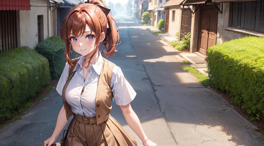 1girl, solo, mediaval, village, houses, people, street, brown-red hair, parted hair, ponytail, large breasts, button down, ((light brown vest sweeter)), dark blue eyes, ((white shirt)), ((unbuttoned shirt)), ((short sleeved shirt)), ((long brown skirt)), brown shoe, smile, looking at the viewer, standing, hair ribbon