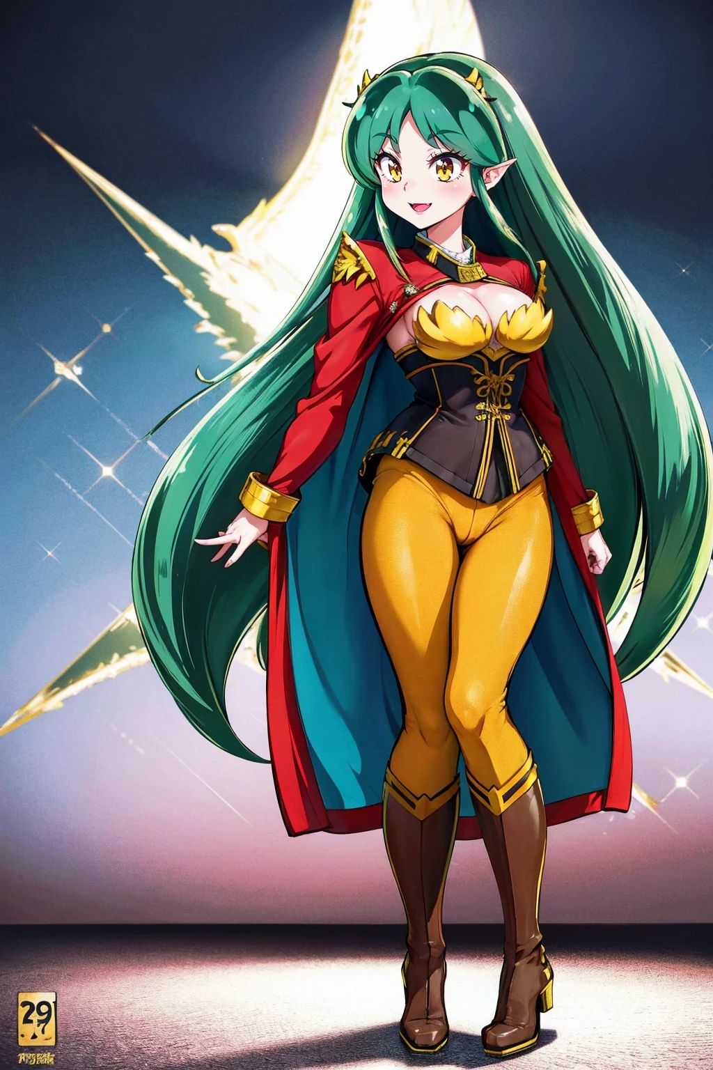masterpiece, best quality,, corset, breastplate,lum, , urusei yatsura, cloak, pants, pullover kimono,martial pov,, pantyhose, sharpteeth, standing,smile, matial art,, full body, boots , pant, medium breast, pants, pullover,martial pov,god rays, ray tracing, sparkle, cinematic lighting, UHD, retina, masterpiece, ccurate, anatomically correct, textured skin, super detail, high details, high quality, award winning, best quality, highres, 1080P, HD, 4K, thunder aura, light aura, sharpteeth,, super powers, full body, standing