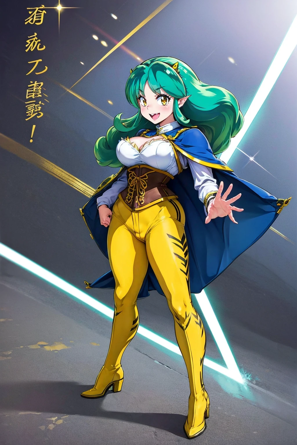 masterpiece, best quality,, corset, breastplate,lum, , urusei yatsura, cloak, pants, pullover kimono,martial pov,, pantyhose, sharpteeth, standing,smile, matial art,, full body, boots , pant, medium breast, pants, pullover,martial pov,god rays, ray tracing, sparkle, cinematic lighting, UHD, retina, masterpiece, ccurate, anatomically correct, textured skin, super detail, high details, high quality, award winning, best quality, highres, 1080P, HD, 4K, thunder aura, light aura, sharpteeth,, super powers, full body, standing