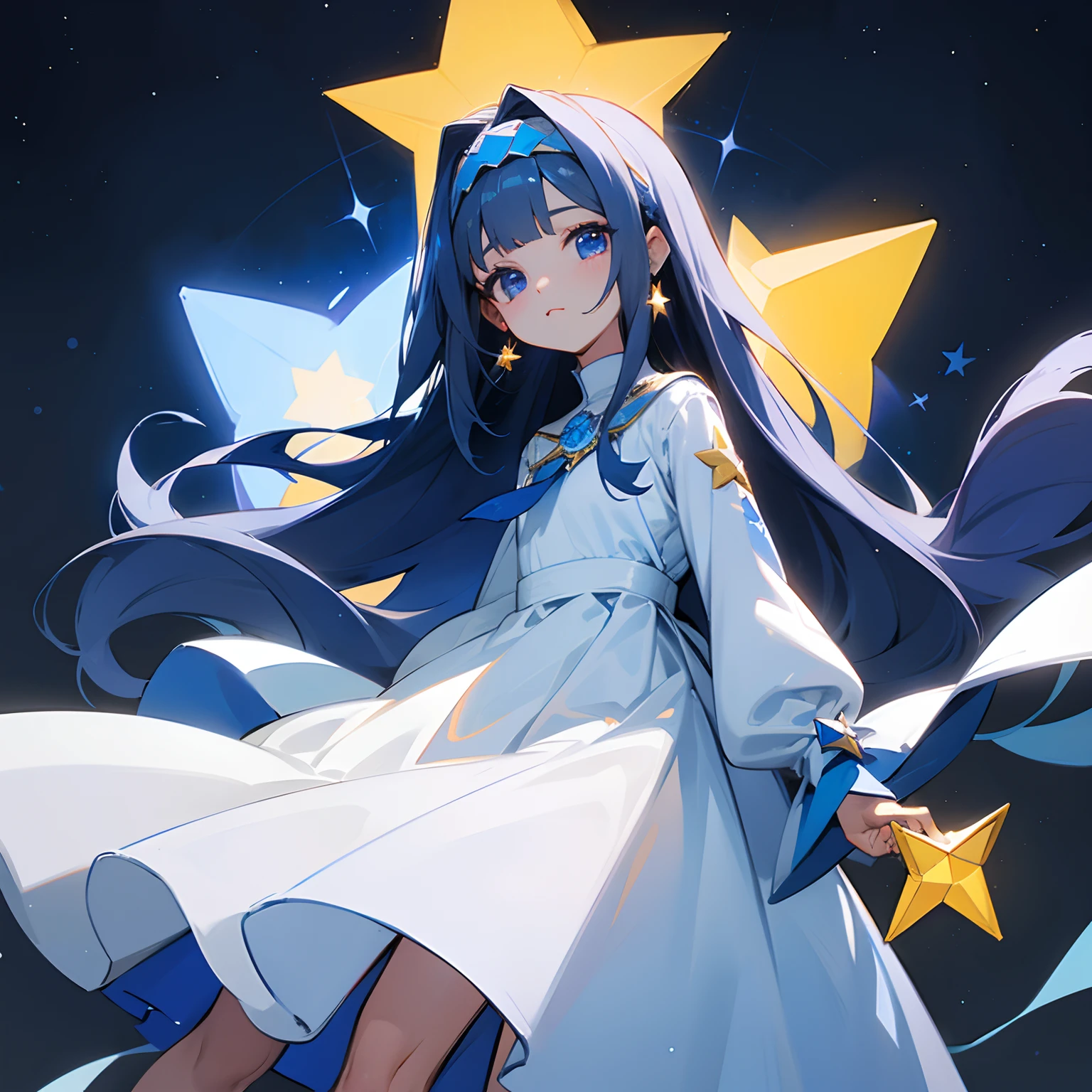 Blue with long hair、White dress with star-shaped earrings、Star-shaped eyes、de pele branca、Small Star Thread Headband、Slightly shorter girl、17 age