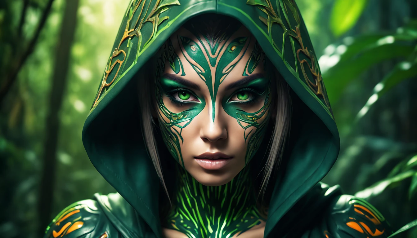 Fantasy, digital painting, dreamlike aesthetic, (best quality: 1.3), (8K), (large master photo), (edited hair), (vivid colors), perfect anatomy, perfect face, symmetrical face, perfect eyes, symmetrical eyes , (intricate details:1.3), vivid colors, ((dark shadows), (extreme details:1.3), ((natural light)), (divine rays), highlights on the skin,
Beautiful and exotic assassin sneaks through the dark with green (butterfly filigree"1.1), overgrown jungle, hunting for prey, lithe, sexy, camouflaged with body and face paint, she wears a black open coat with a hood, dark rainforest, cleavage, plants in the foreground, background: dense primeval jungle), erotic, sexual, sensual, cyborg, cable, glowing, fighting stance, fighting pose, perfect face, absurdres, extremely detailed, ((correct anatomy)),
hyperdetailed face, hyperdetailed body, Hyperdetailed limbs, hyperdetailed background, (detailed face), detailed eyes, perfect face, (expressive eyes), (masterpiece), natural lighting, 8k, dynamic composition, epic, exquisite composition, professional photography, canon eos d5,togruta, cyborg, cable, glowing, mechanical parts, cyberpunk, android, ((reelmech)), god rays, ray tracing, Realism, best quality, 16k, highres, textured skin, super detail