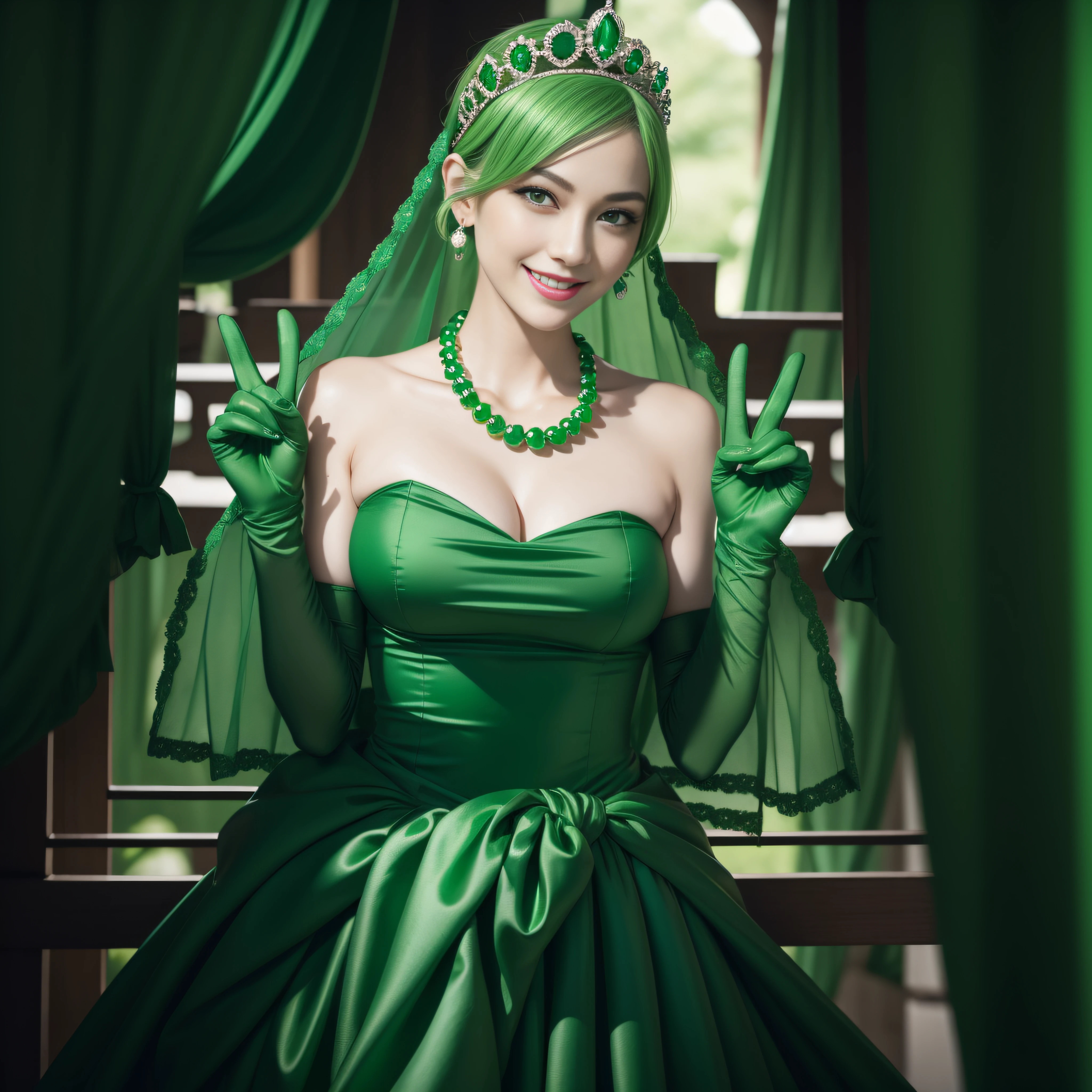 emerald tiara, Green Pearl Necklace, Boyish very short green hair, lipsticks, Japan woman smiling, very short short hair, big breasts beautiful, Green eyes, Long green gloves made of satin material, Green eyes, Emerald Earrings, green vale, v sign