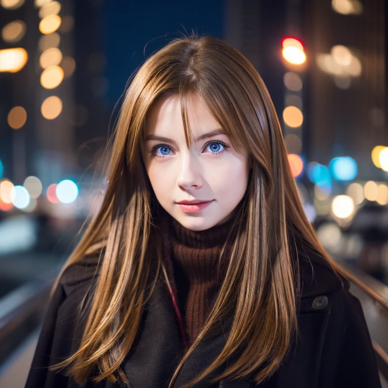 In the city, at night, high quality, detailed, beautiful girl, medium breast, pale brown hair, red clips, long hair, with a black coat, blue eyes