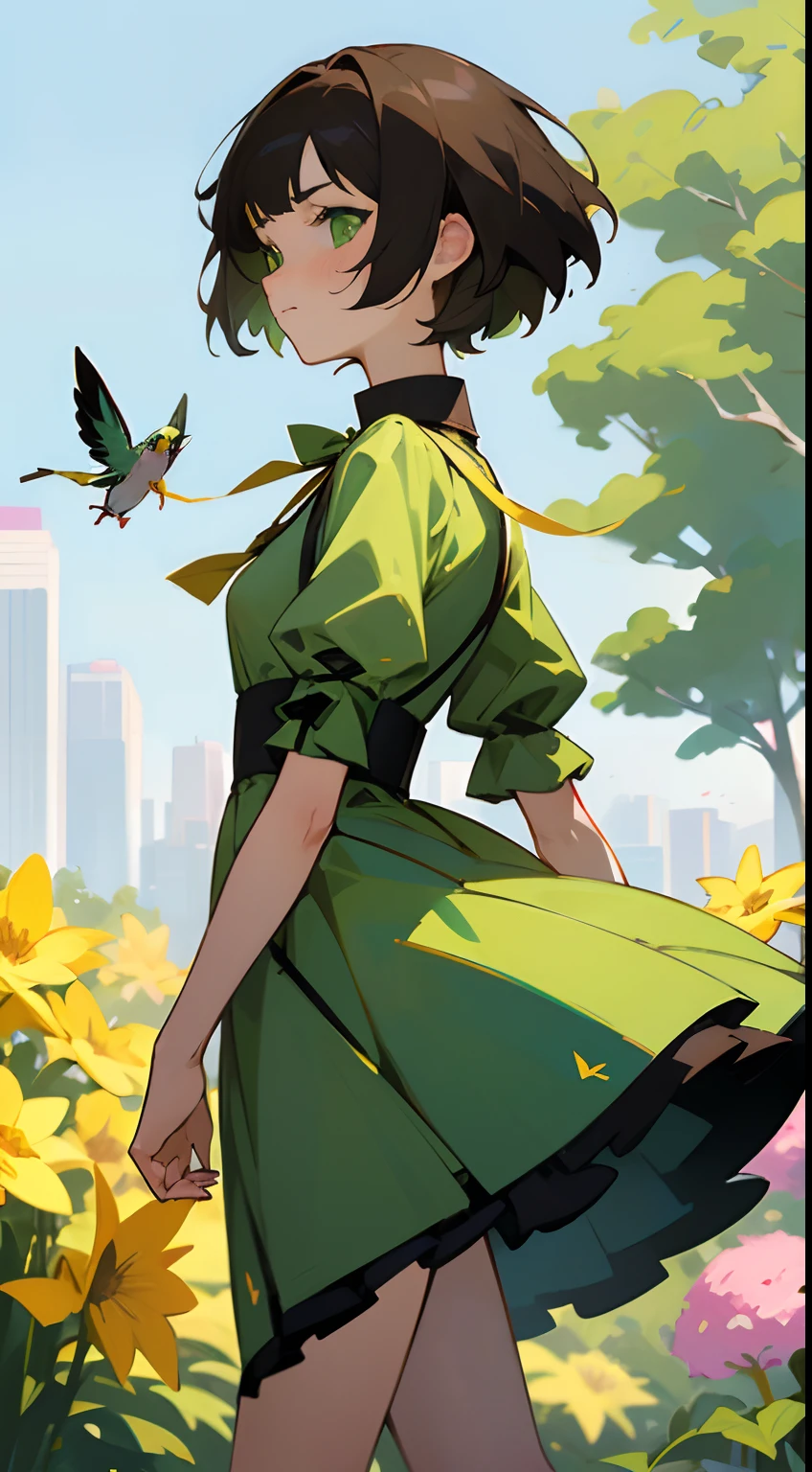 anime style
young brunette woman with short Chanel hair, green eyes, in a green samll dress walking in the park with her dog on a leash,
a wind lifts the dress showing the panties,
she is ashamed,
on the right side we see a hummingbird in the flowers, add some yellow butterflies flying