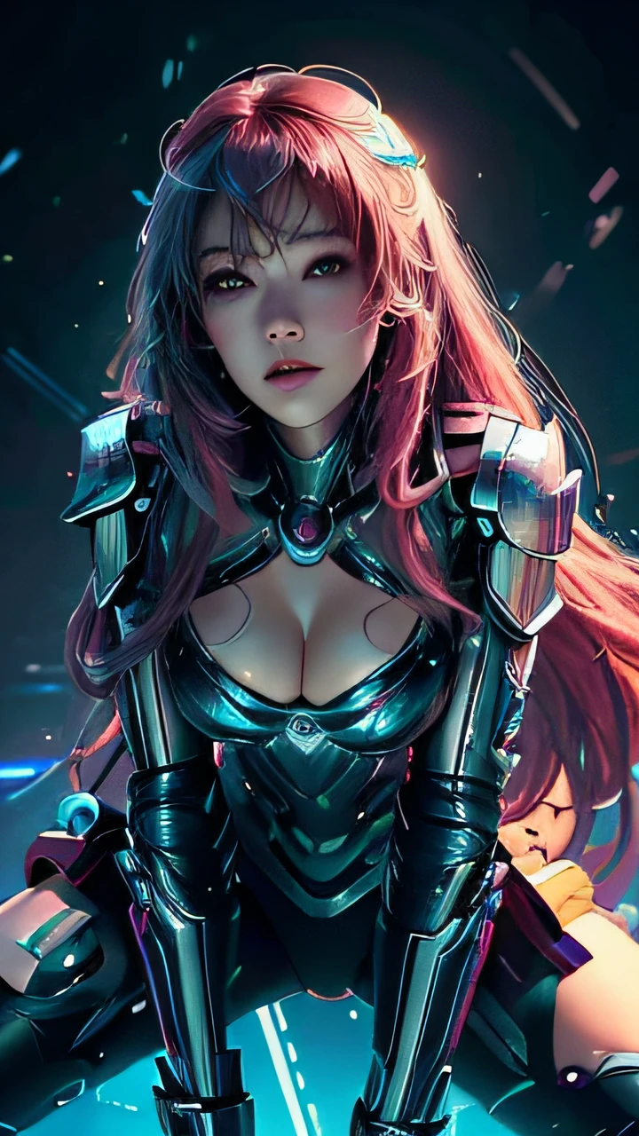 ((top-quality)), ((​masterpiece)), (detaileds: 1.4), 1 Beautiful Cyberpunk Woman、(Super beautiful)、(ultra beautiful faces)、(A detailed face:1.1)、(Super long hair), Beautiful woman with long magenta hair、Mechanical Armor、Cyber Armor、、LED Coloring、s Armor、(Overexposed)、(Navel out)、sexypose、cleavage of the breast、crouching down、open the legs widely、(Clear pubic contours)、neons,Spotlight from multiple angles、 futuristic fantasy、超A high resolution、((Like shining a light on the face))、NSFW