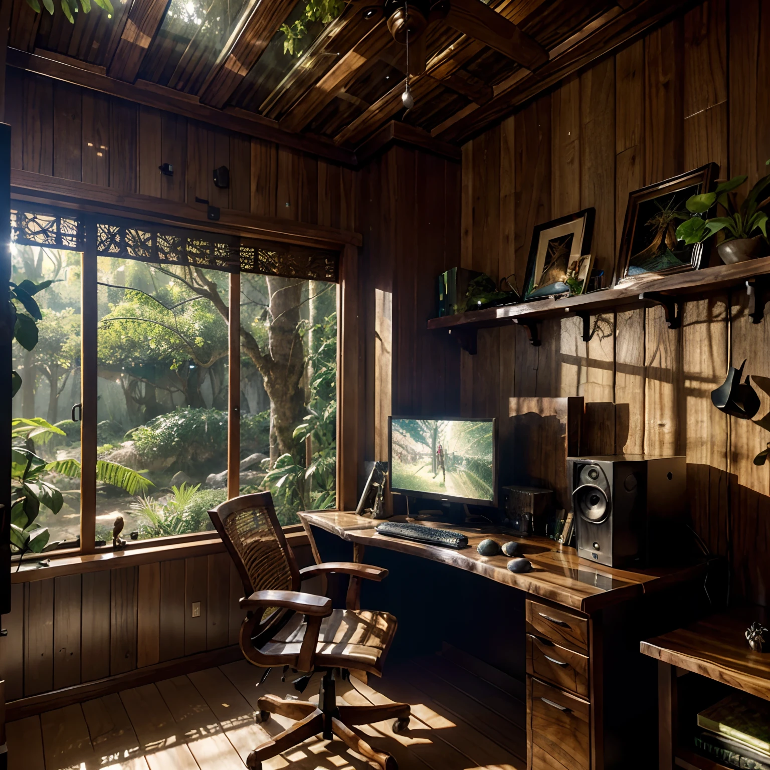 A rainforest gaming nook with ambient birdsong, a desk hand-carved with organic wood textures and framed concept art above from fantasy games. Monitors reflect the tranquil forest outside while displaying scenes from an open world RPG. Next to a woven vine hammock, an elegantly designed PC case has an engraved tree motif along the smoked glass side panel