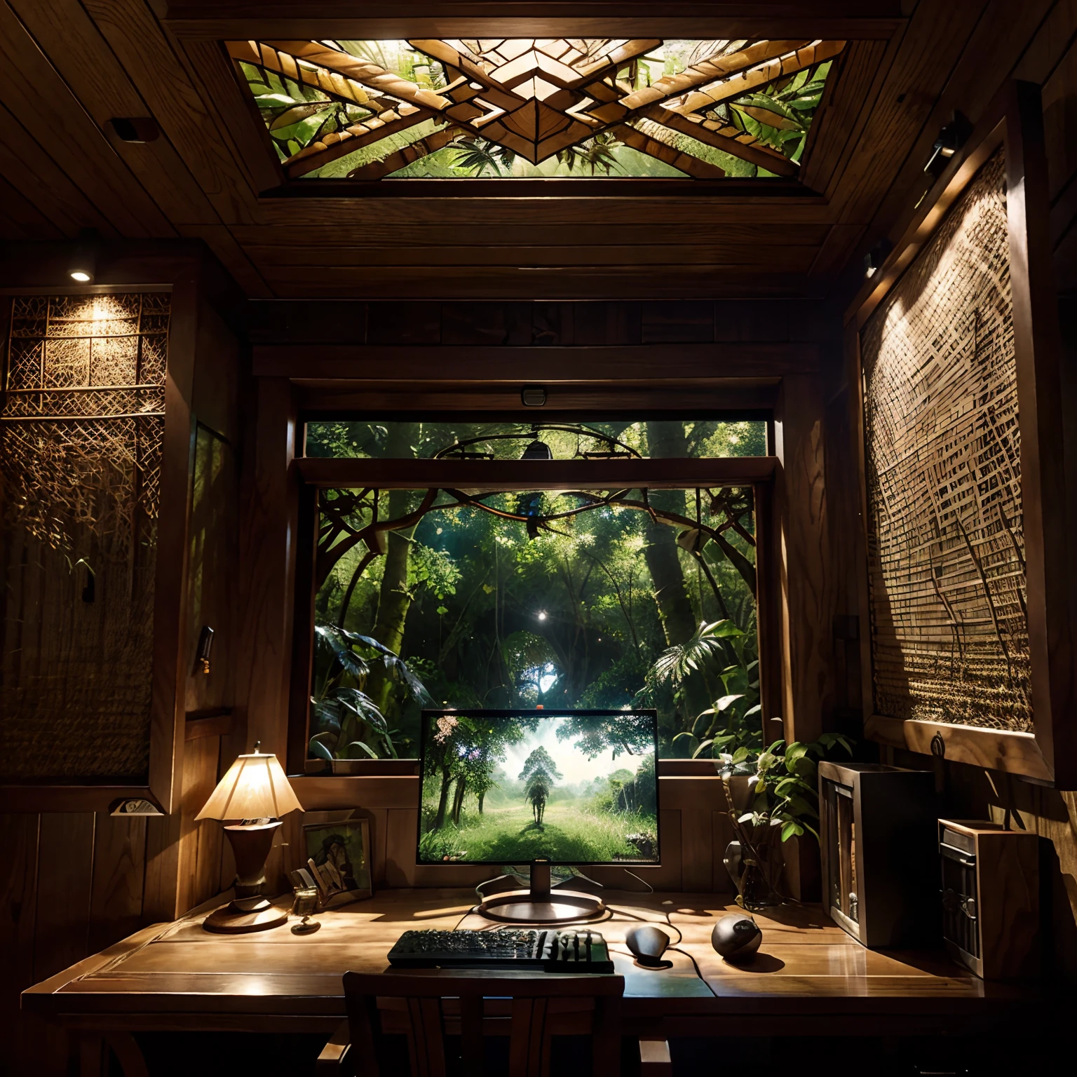 A rainforest gaming nook with ambient birdsong, a desk hand-carved with organic wood textures and framed concept art above from fantasy games. Monitors reflect the tranquil forest outside while displaying scenes from an open world RPG. Next to a woven vine hammock, an elegantly designed PC case has an engraved tree motif along the smoked glass side panel