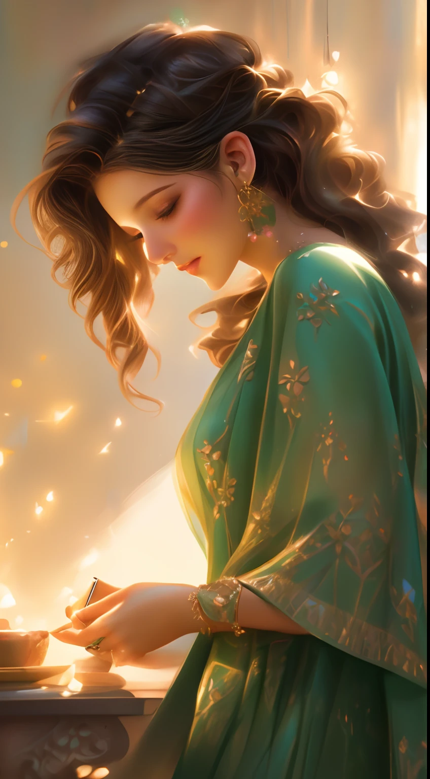 painting of a woman in a green dress lighting a candle, beautiful digital artwork, beautiful digital illustration, exquisite digital illustration, beautiful digital painting, gorgeous digital painting, painting of beautiful, beautiful digital art, beautiful gorgeous digital art, gorgeous digital art, stunning digital illustration, beautiful character painting, elegant digital painting, a beautiful artwork illustration, very extremely beautiful, with beautiful colors