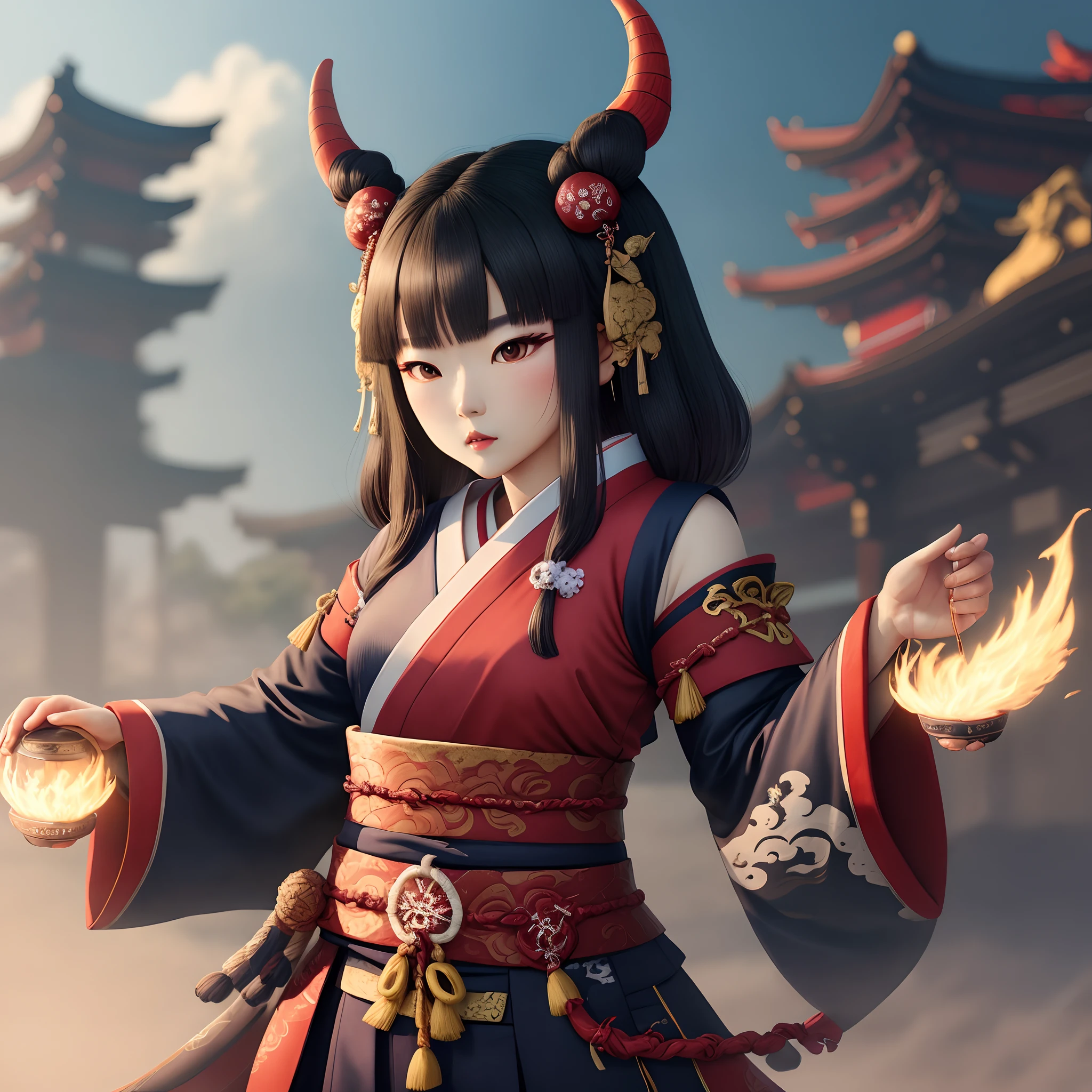 cinematic photo ((masterpiece)),((best quality)),8k,high detailed,ultra-detailed,intricate detail,full body, photography,((huangfu:2),huangfu paper,1girl, A cute girl in black nvjiang costume with huangfu paper in head,(blood-red eyes)),surrounded by swirling leaves and spectral mist,(foggy),. 35mm photograph, film, bokeh, professional, 4k, highly detailed