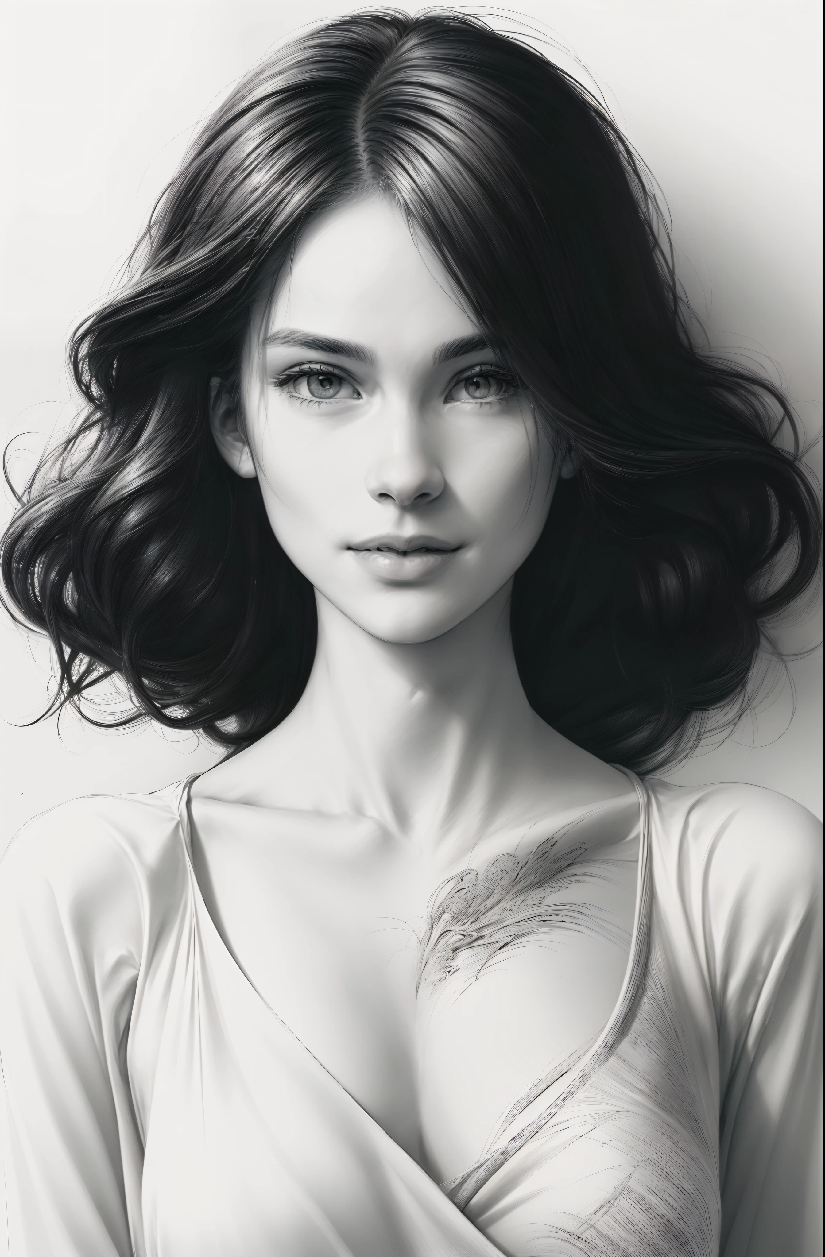 (Best quality,4K,A high resolution,Masterpiece:1.4), Black and white style, Beautiful women, long and flowing hair,Realistic face, Masterpiece, High details, Sketch 1 with a pencil.4, Ink Sketch 1.4, Beach background, High-detail lighting, Slight smile, Fair skin, Isolated in a spacious space, Wide white margins