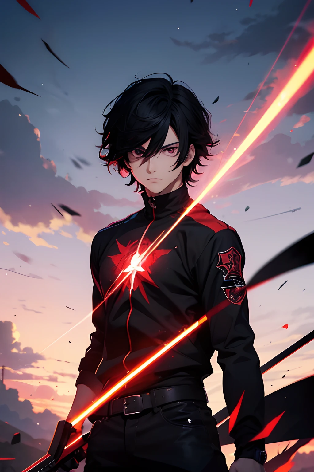 Personaje masculino de anime, ojos rojos, cabello negro corto, Ropa de tonos rojos y negros, masculino. En pose de ataque con una Espada laser, desprende energia en un color purpura y en una atmosfera lugubre y tenebrosa.